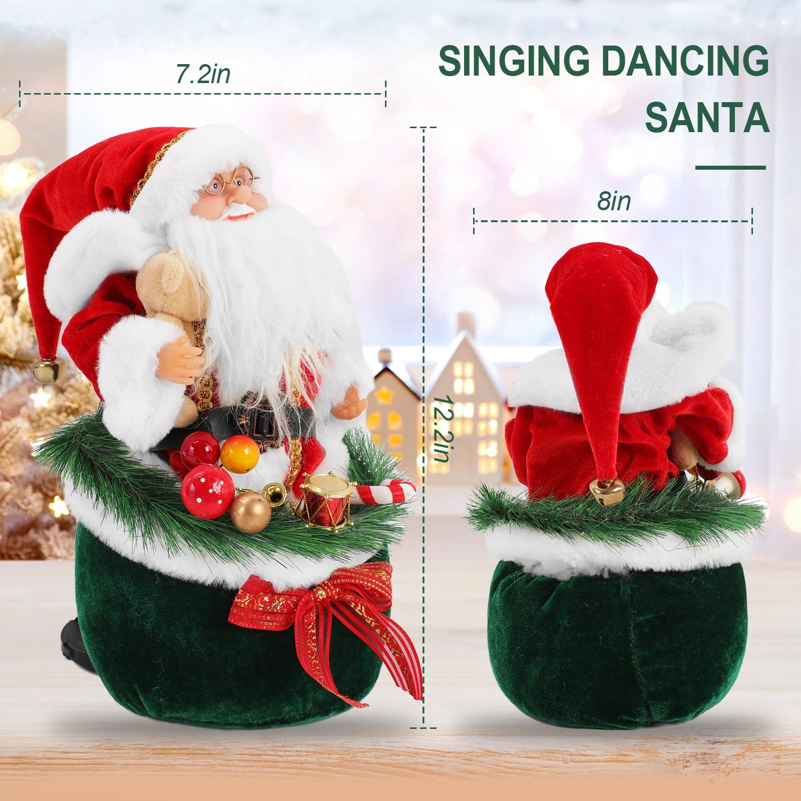 Gfilay Figurine de Père Noël de Noël, figurine de collection Père Noël dansant avec musique tenant l'ours et debout à l'intérieur du sac cadeau – Interrupteur à induction