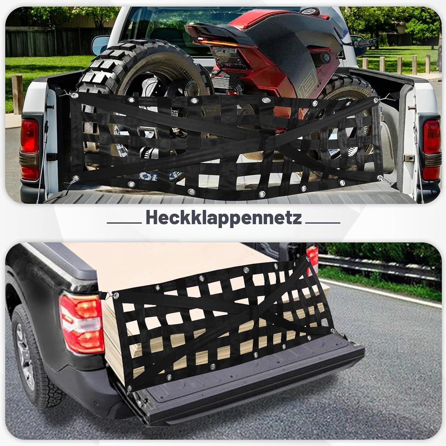 Universelle Schwerlast Ladungssicherungsnetz und Gepäcknetz Auto für Pickup Heckklappe, mit 4 Verstellbaren Haken, Elastisch 20% Dehnbar, Schnellmontage