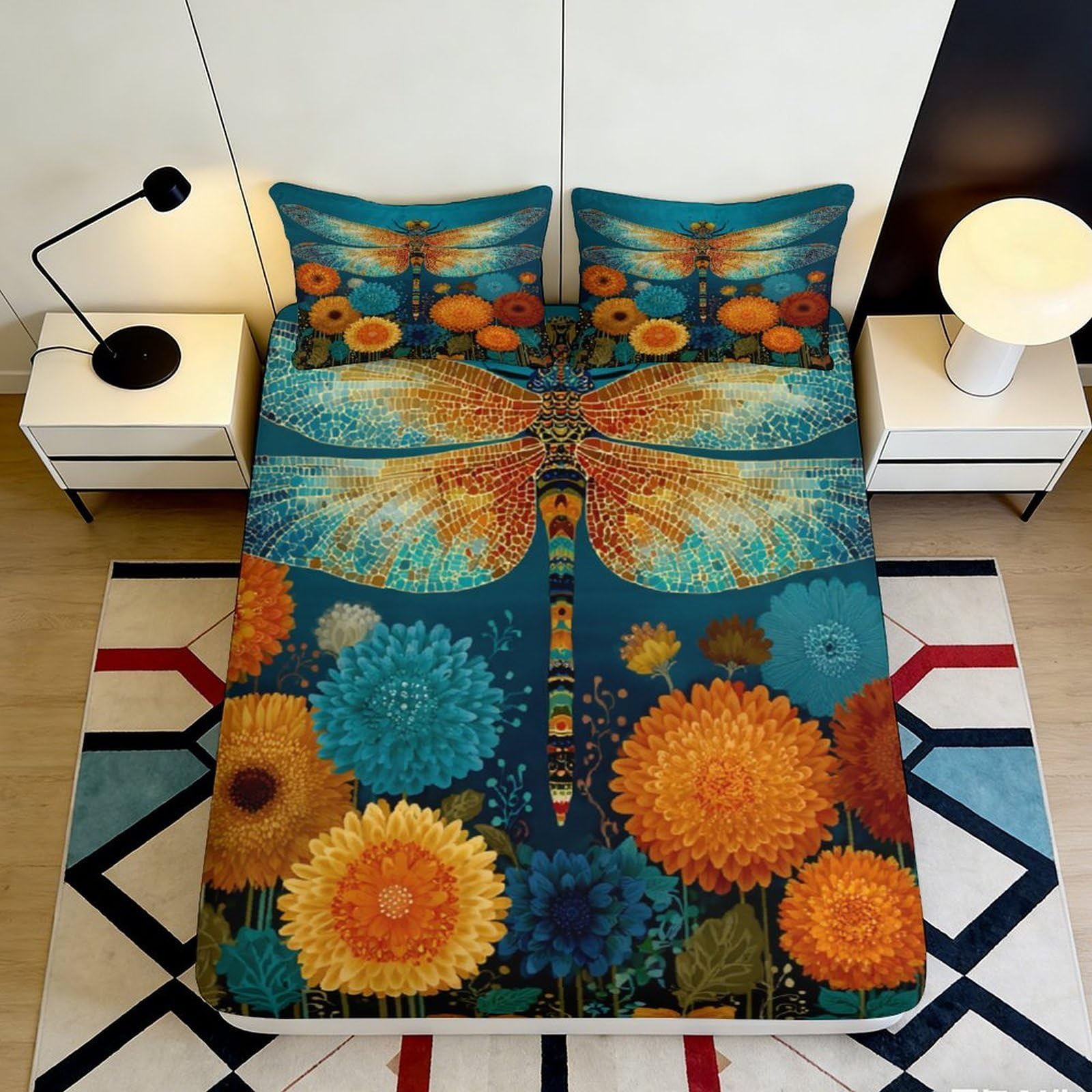 Uxinyoume Style-1 3D Printed Dragonfly Floral Fitted Sheet Microfiber Soft Mattress Cover For Bedroom Guest Room Decor Protection 90X200x25cm