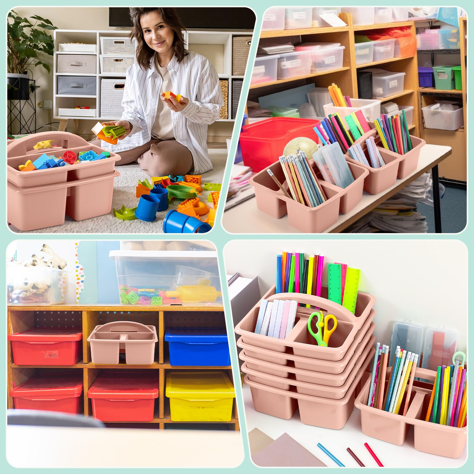 Lineshading Tragbare Kunststoff-Aufbewahrungsboxen mit 3 Fächern, Organizer mit Griffen für Zuhause, Bibliothek und Büro, Organisationsbedarf für Tisch, Schreibtisch, Büro, 12 Stück (Fleischrosa)
