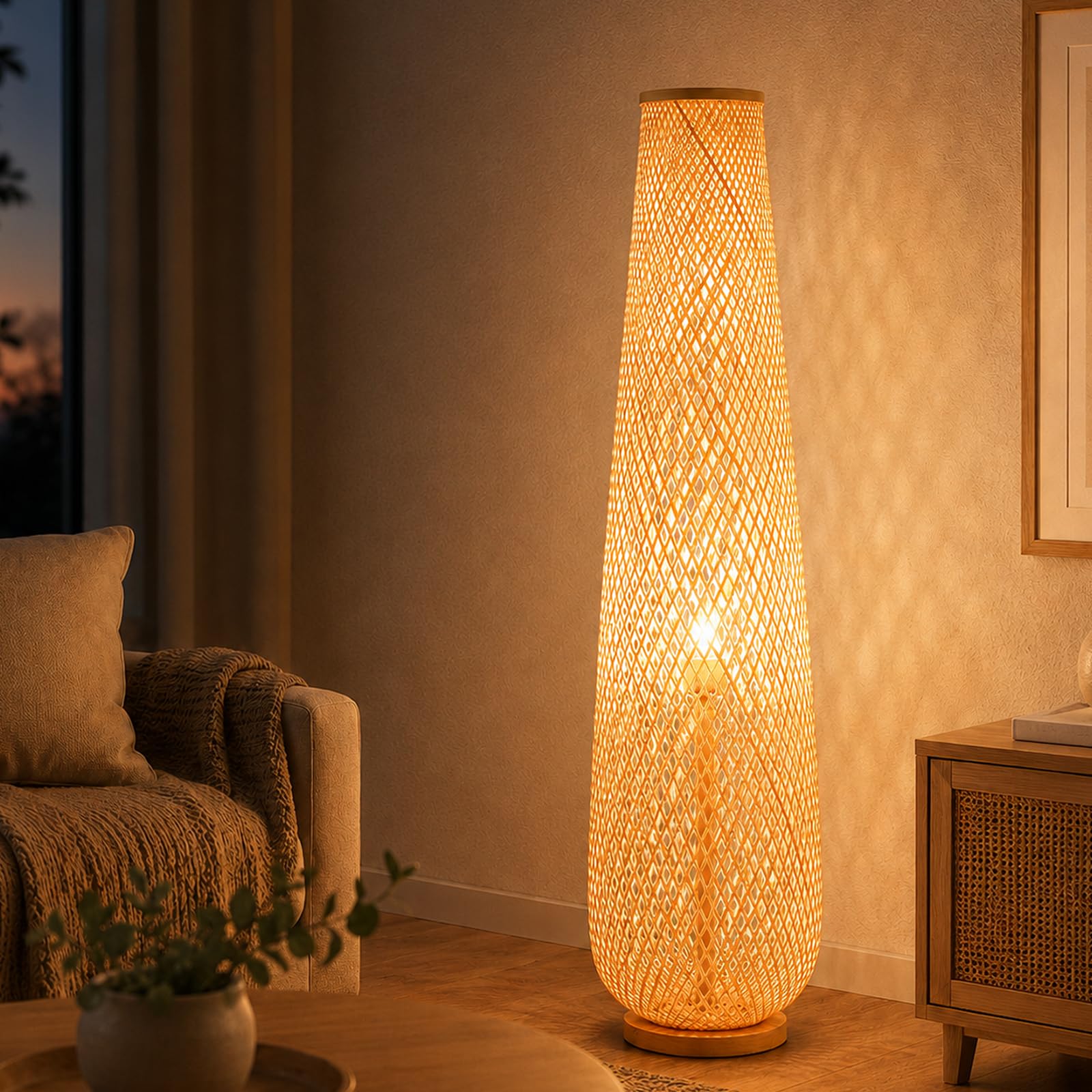 Lampe Sur Pied En Bambou Bohème-rustique, 93 CM, Rotin Et Osier, Inspirée Des Lanternes En Papier, Douille E27, 3 Températures, Socle En Bois, Pour Salon Ou Chambre (Ampoule Incluse)