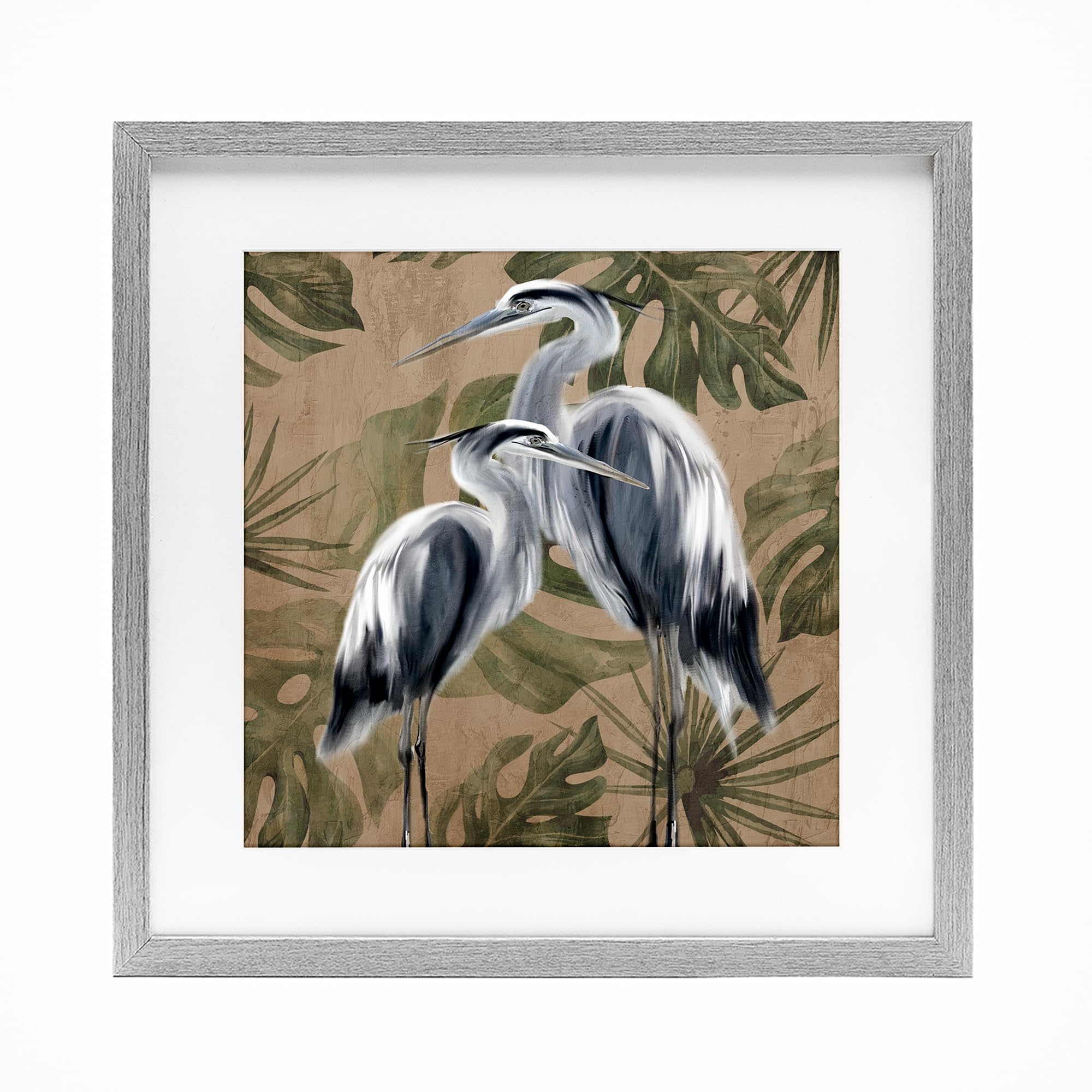Stupell Industries Farmhouse Gray (Textured) 'Two Herons Over Tropical Leaves'| Framed Print Under Glass