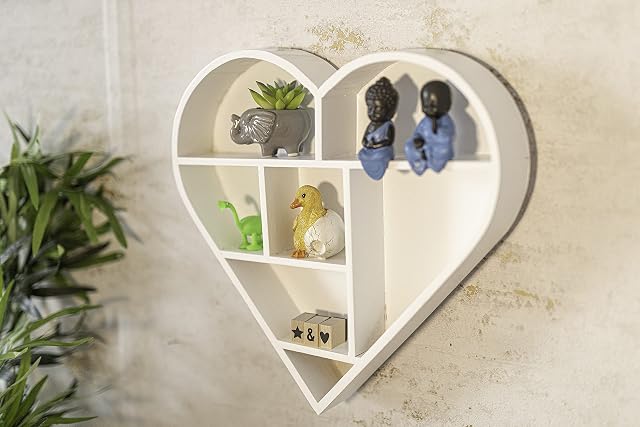 HomeZone® Wooden Shabby Chic White Floating Heart Decorative Wall Shelf Modern and Unique / Rustic. Small Wooden Shelf for Home and Kitchen (White Heart)
