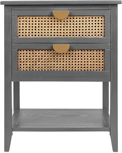 ZeHuoGe Mesita de noche de ratán natural con 2 cajones mesa auxiliar mesa auxiliar para aperitivos mesa auxiliar para sofá mesa auxiliar portátil