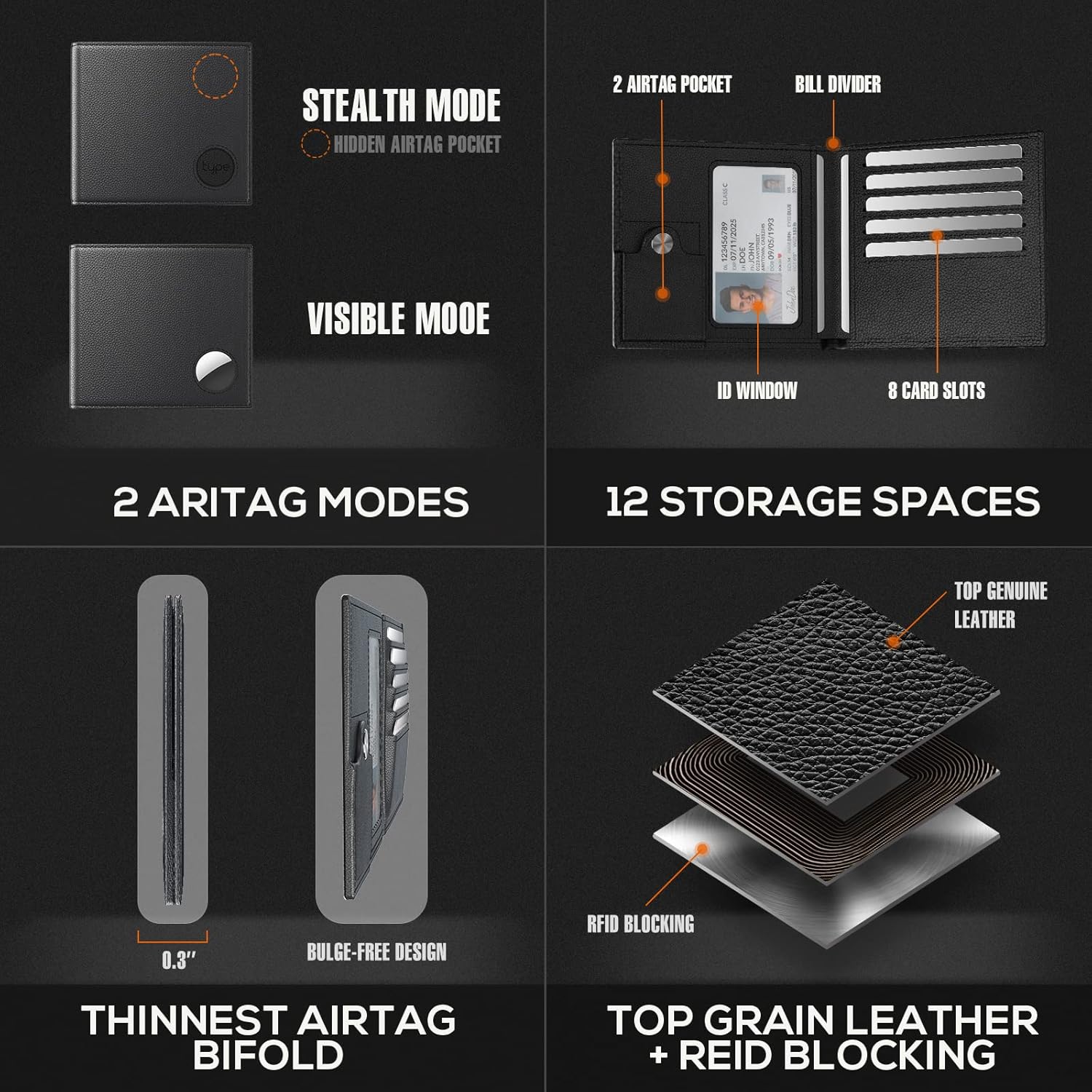 typecase Mens Leather Wallet with AirTag Holder: Hidden Pocket Compatible with Apple Air Tag,Top Grain Leather, Bifold, Slim, RFID Blocking - 10 Card Capacity | Bill Divider | ID Window (Black) - Image 2