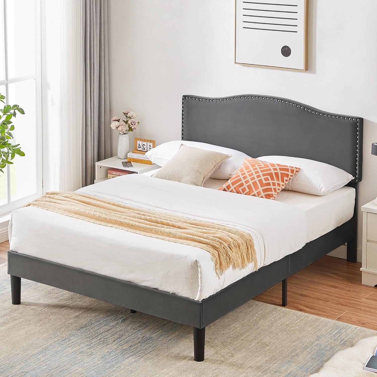 VECELO Queen Bed Frame Platform Bed Frame with Upholstered Headboard, Strong Frame and Wooden Slats Support, Strong Weight Capacity, Non-Slip and Noise-Free, Easy Assembly,Dark Grey - Image 3
