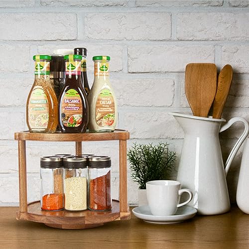Miniatura 4 de Estante de especias Lazy Susan de madera de acacia, organizador de tocadiscos de 2 niveles de 10 pulgadas, solución elegante para cocina y baño