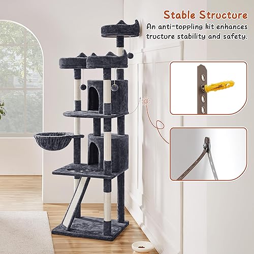 Miniatura 6 de Yaheetech Árbol para gatos de 76 pulgadas de varios niveles con condominio grande para gatos y perchas acogedoras, casa de juegos estable para