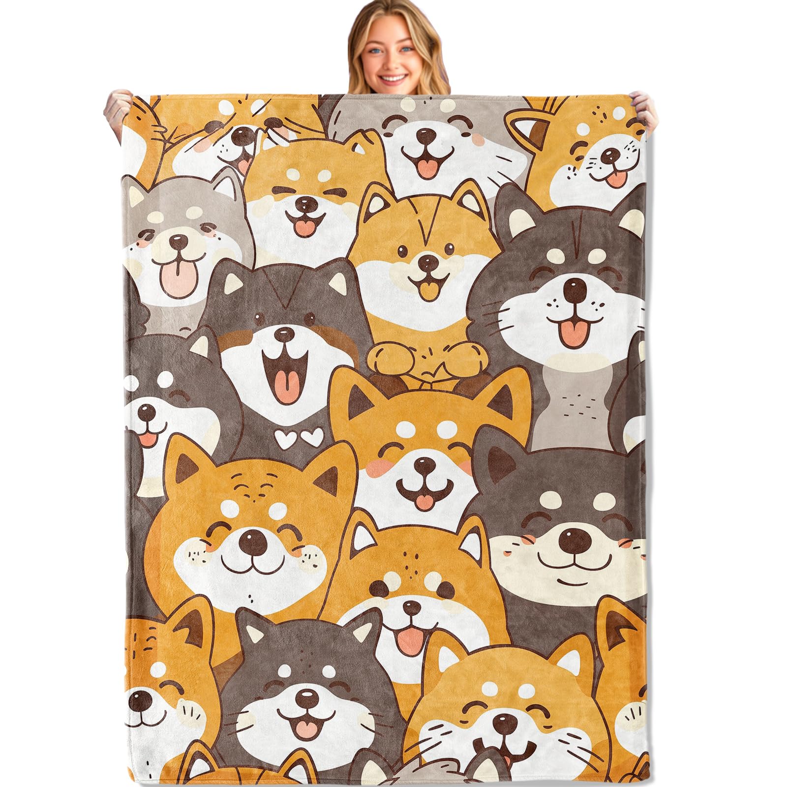 MIEPOS Cute Shiba Inu Throw Blanket - 60x80in,Ultra Soft, Cozy Lightweight Flannel,Cartoon Dog Faces Blankets - Gifts for Kids & Aniaml Lovers,for