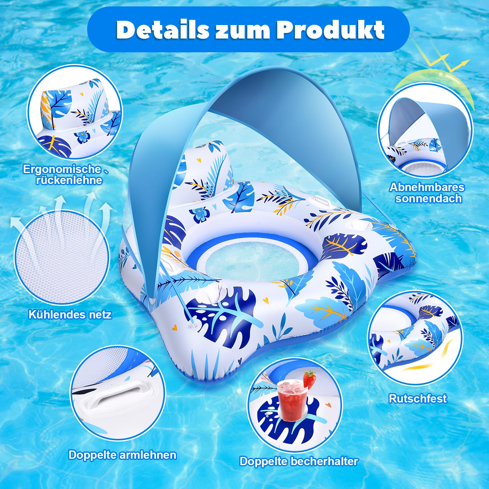 JONRRYIN Aufblasbare Pool Luftmatratze mit 2 Getränkehalter, Schwimmsessel Pool Erwachsene mit Verstellbarem Sonnendach und Rückenlehne, Float Aufblasbarer Schwimmring, Schwimmreifen Wasserspielzeug