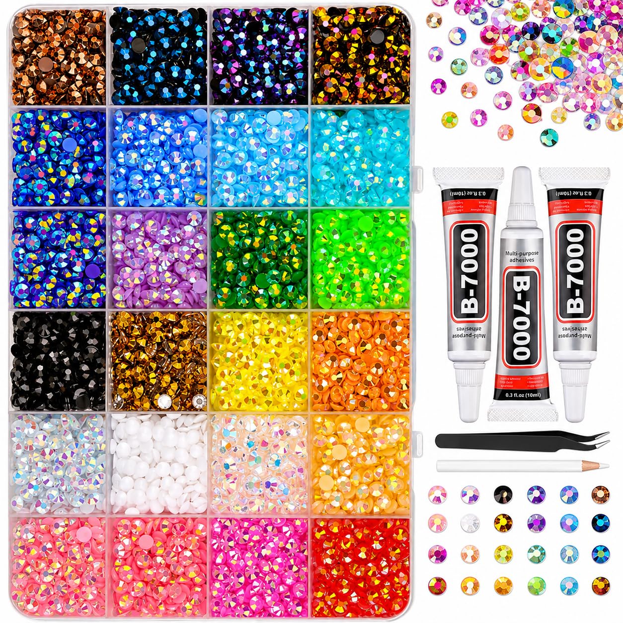 Resin Nail Art Rhinestones Bedazzling Kit, 24000 PCS 3mm Flatback AB Gems, 24 Colors, DIY Diamond Art Kit with 3 x B7000 Glue, Tweezers, Pickup Pen & Sharpener for Nails, Clothes, Shoes & Crafts-image-14