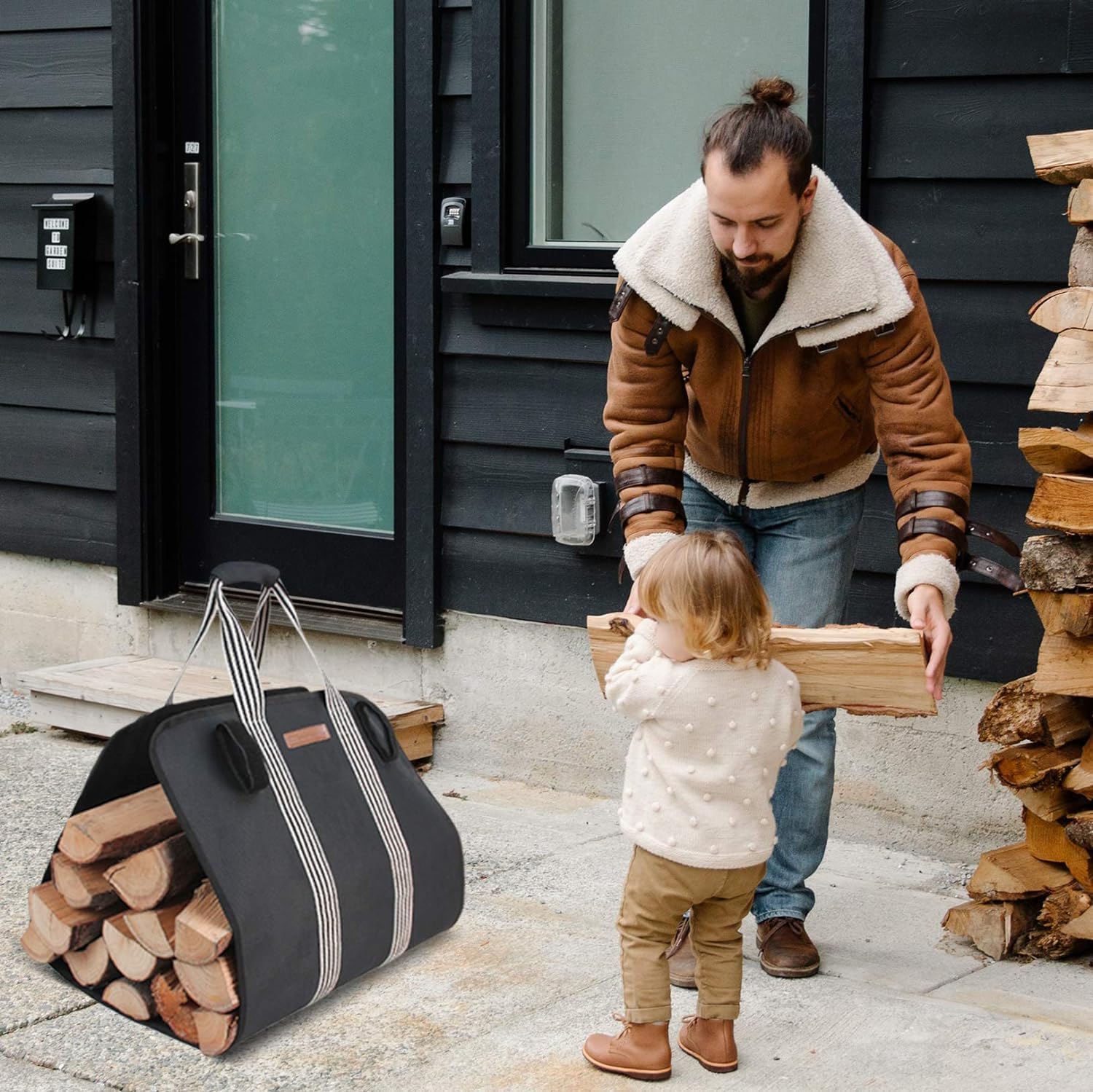 Indoor Heavy Firewood Log Carrier Tote, Oxford Canvas Fabric Foldable Wood Carrier Padded Handles, Outdoor Large Capacity Firewood Carrier Bag with Hook and Loop - Image 6