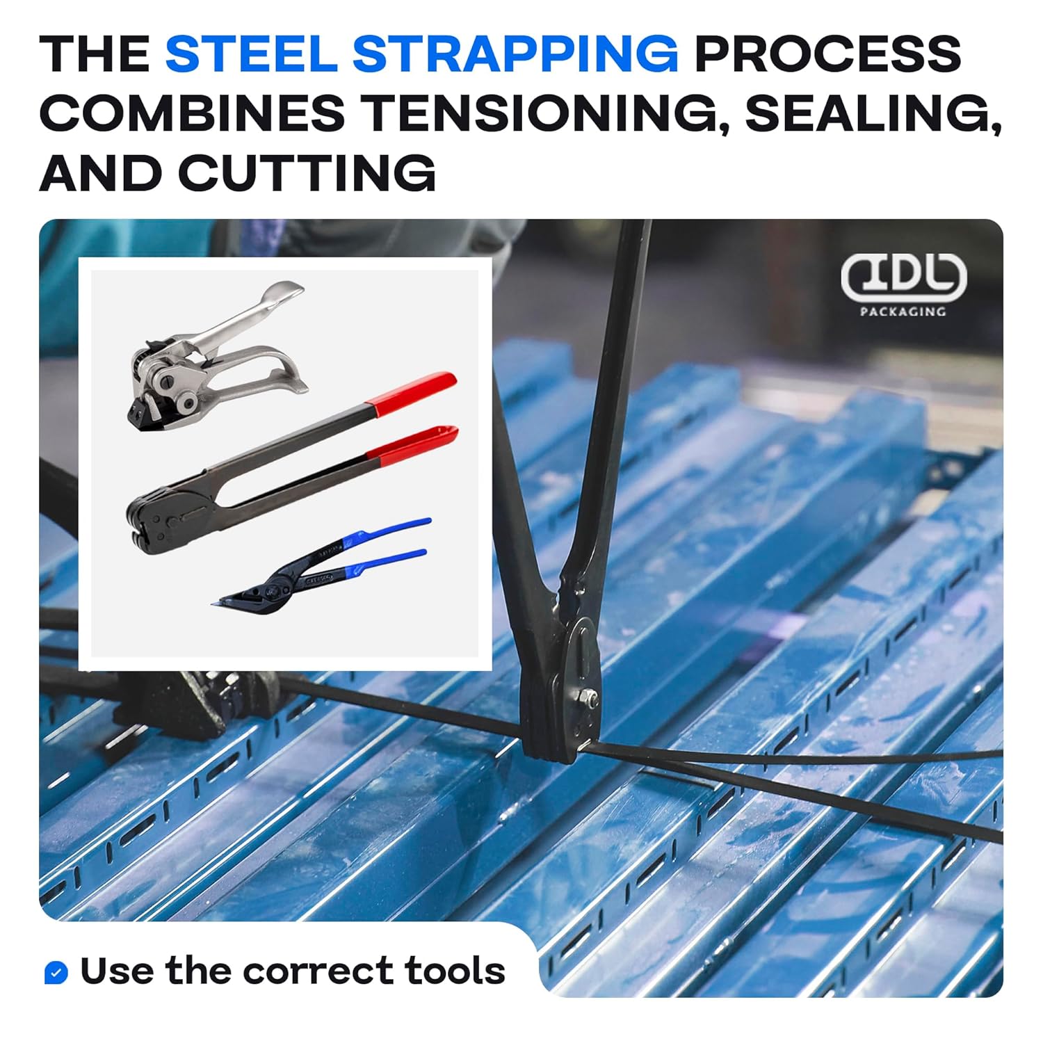 IDL Packaging Round Packages Strapping Kit for 5/8" x 400' Steel Strapping, 1400 lbs Break Strength – Packaging Strapping Solution for Pipes – Enough Strapping and Seals for 200 Uses Before Refill