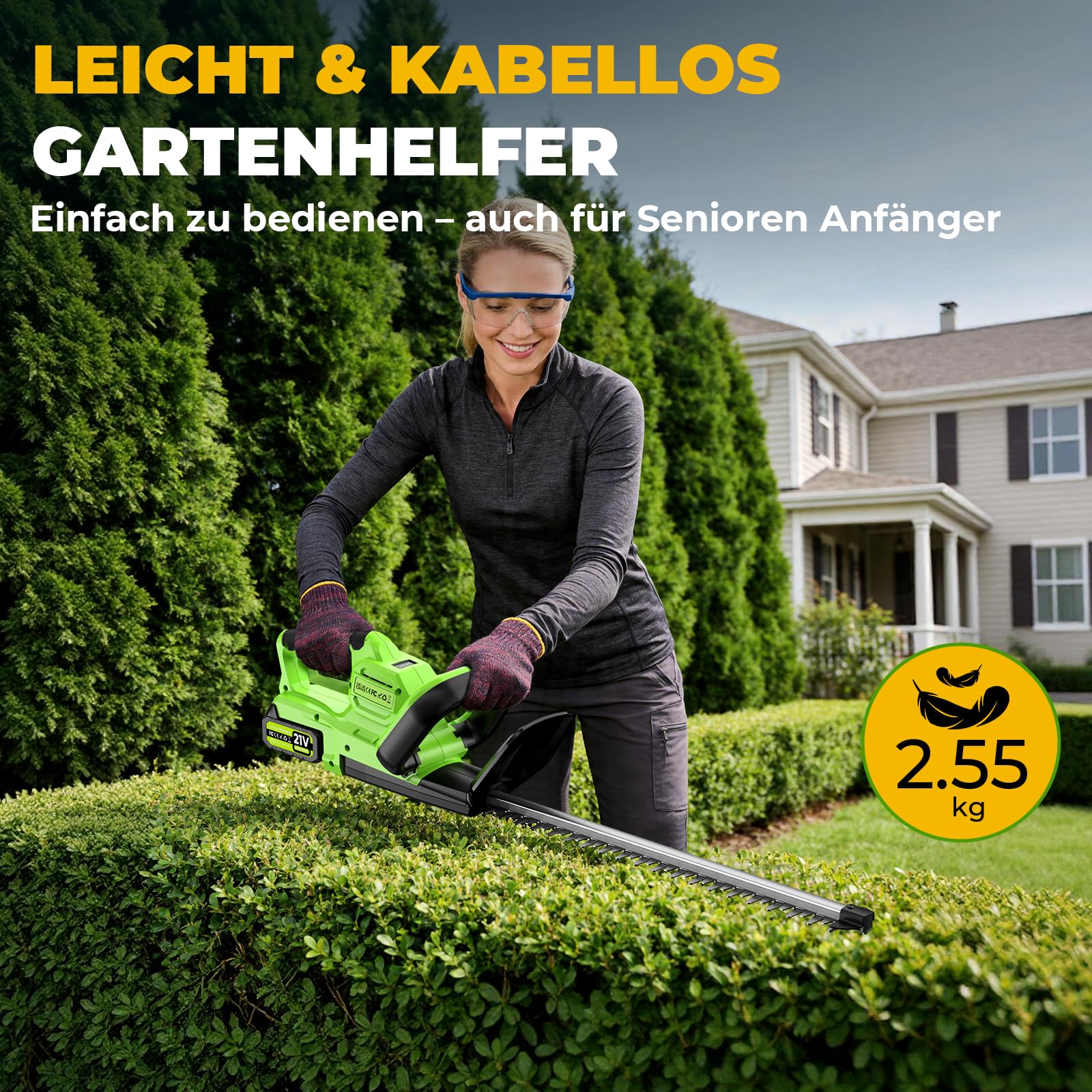 Heckenschere Akku, 50cm Elektrische Heckenschere für Makita Akkus, 800W Heckenschere mit 2 * 4000mAh Akku & Ladegerät, 16 mm Zahnabstand Dual Schnittklingen, Leicht für Garten, Hecken, Sträucher