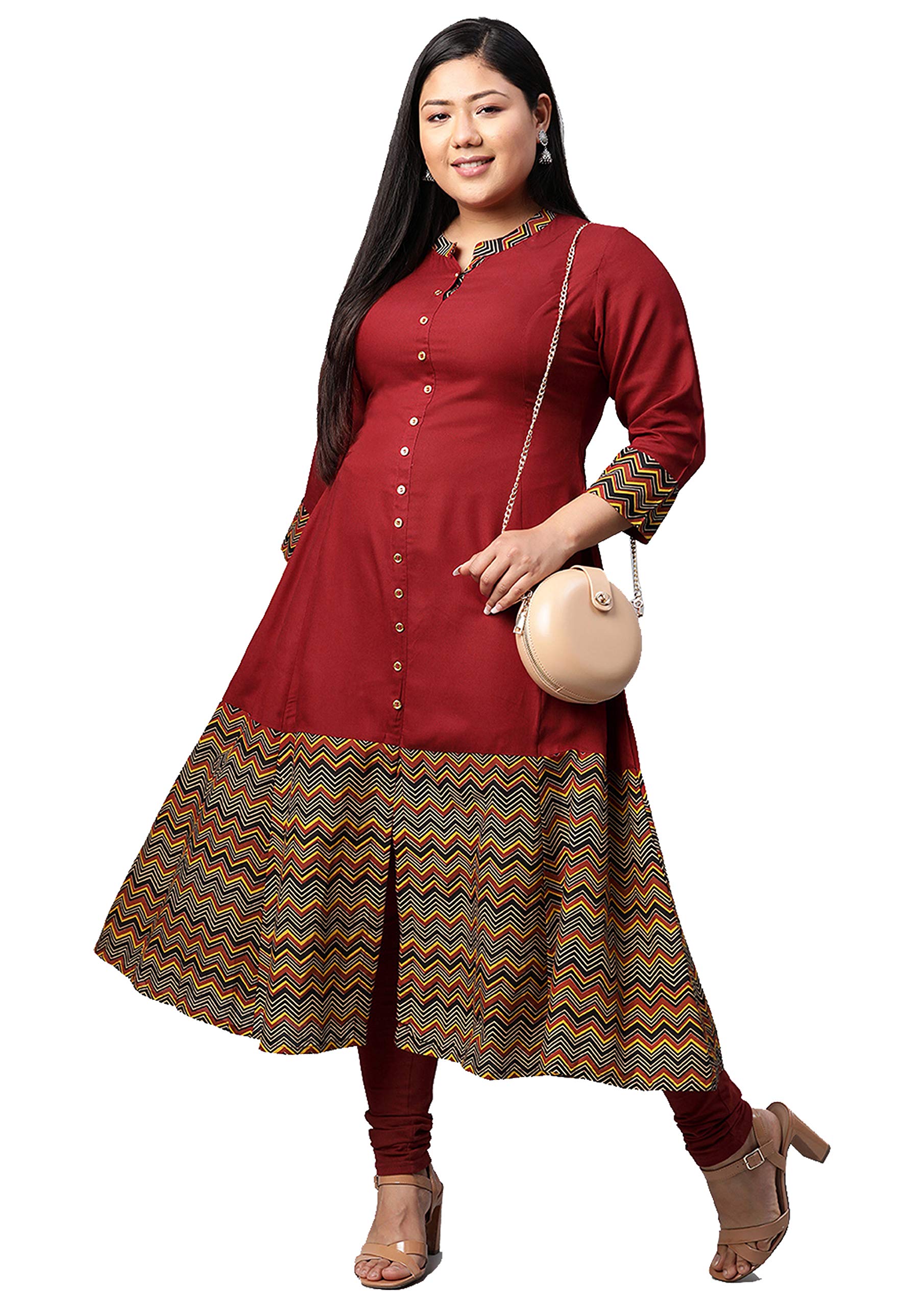 Yash Gallery Women's Plus Size Rayon & Cotton Cambric Zig-Zag Printed A-Line Kurta For Women (1251Ykmaroon_Maroon_Xx-Large, Regular Fit) 1