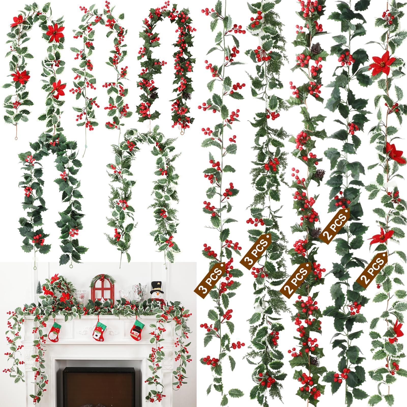 12 Pcs 6ft Red Berry Christmas Garland Holiday Artificial Greenery Holly Garland with Poinsettia Pine Cones for Mantel Indoor Outdoor Home Fireplace Xmas Decoration Winter Christmas Party
