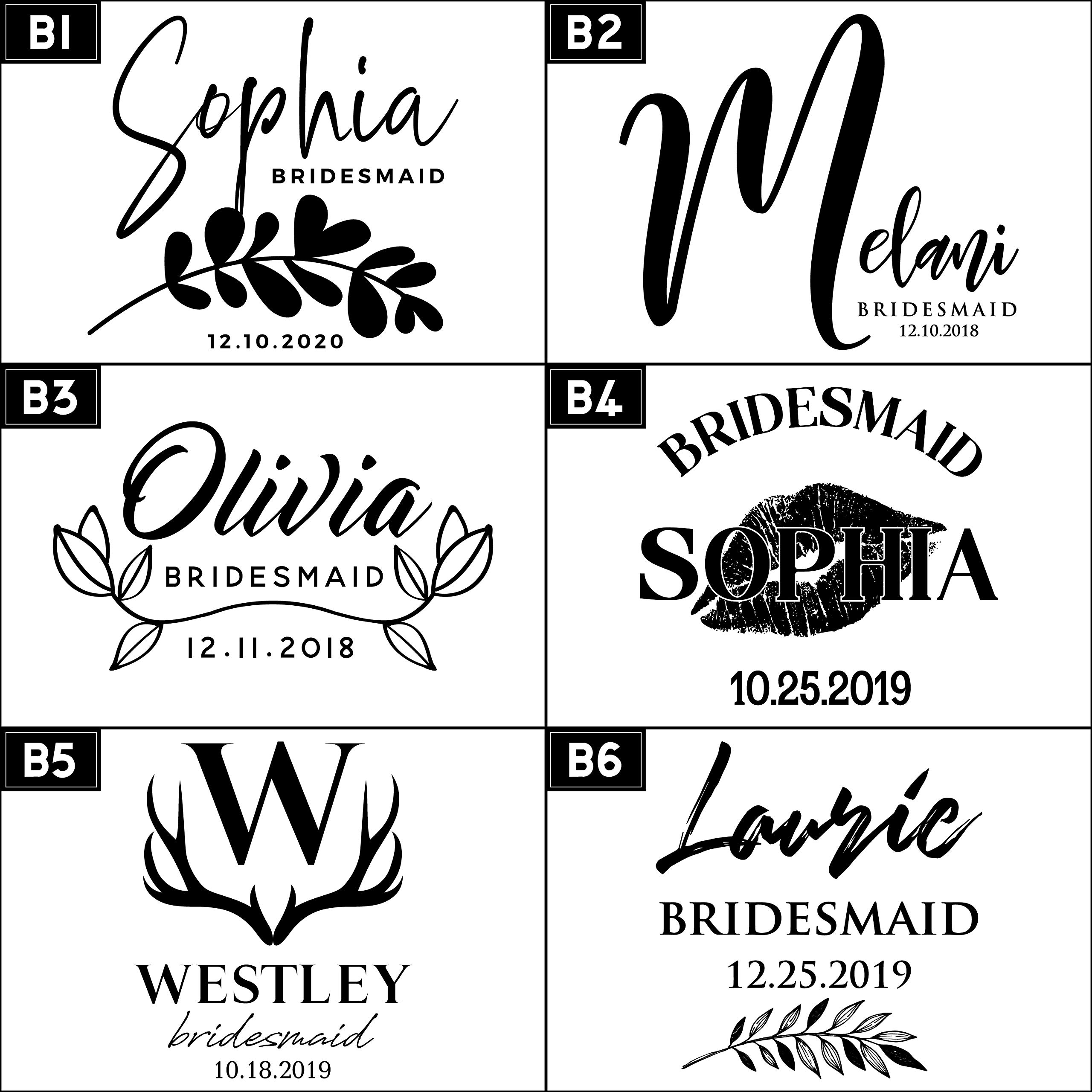 Set of 6, Personalized Bridal Party Gifts For Bridesmaids, 6 Different Designs & Optional Gift Box, Personalized Flask Bridesmaid Gifts, Wedding Favor, 6 oz Customized Stainless Steel Hip Flasks