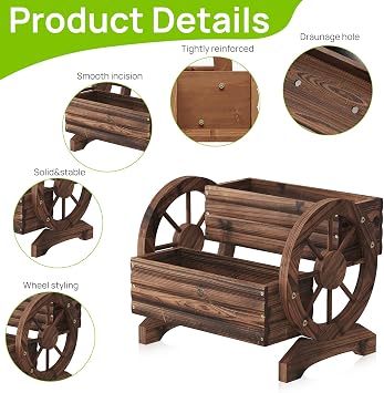 Wooden Wagon Planter Cute Garden Flower Pots Cart with wheels, Outdoor Decoration decor Indoor, Drainage hole, Garden decor for succulents herbs veggies for porch patio balcony (Carbonized, Medium)