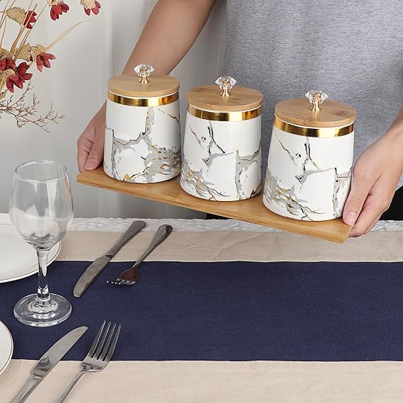 BTSKY 3pcs White Ceramic Canisters with Wood Lid and Tray | Airtight, Food Storage Containers, Glass Handle, For Coffee Tea Sugar, Ceramic Jars Storage Pot for Home Kitchen Cafe