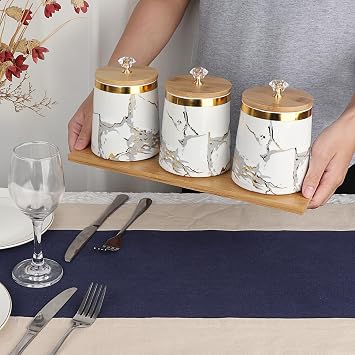 BTSKY 3pcs White Ceramic Canisters with Wood Lid and Tray | Airtight, Food Storage Containers, Glass Handle, For Coffee Tea Sugar, Ceramic Jars Storage Pot for Home Kitchen Cafe