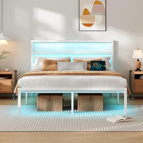 Full Size Bed Frame with Headboard,Heavy Duty Steel Slats Support-LED Bed Frame with USB Charging Station,Mattress Foundation-Under Bed Storage,No Box Spring Needed,Noise Free,White