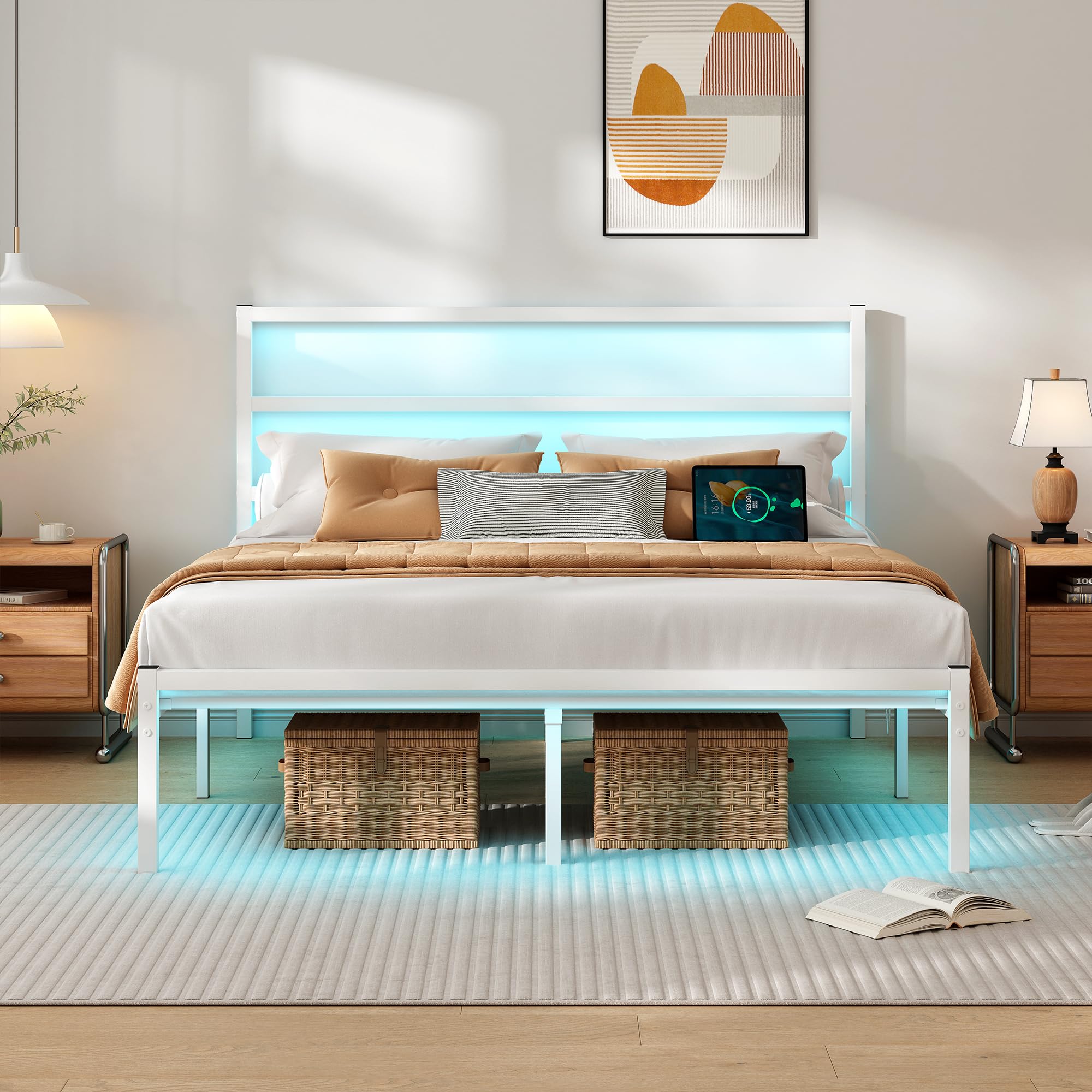 full size bed frame with headboard,heavy duty steel slats support-led bed frame with usb charging station,mattress foundation-under bed storage,no box spring needed,noise free,white