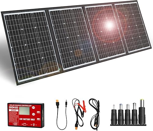 Vista 10 de DOKIO - Kit de panel solar plegable portátil de 150 W, diseño compacto de 53x51 cm, 3.2 kg con controlador independiente y USB, cargador
