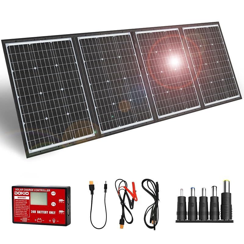 Kit Painel Solar Dobrável DOKIO 200 W 36 V com Controlador PWM para Baterias de 24 V