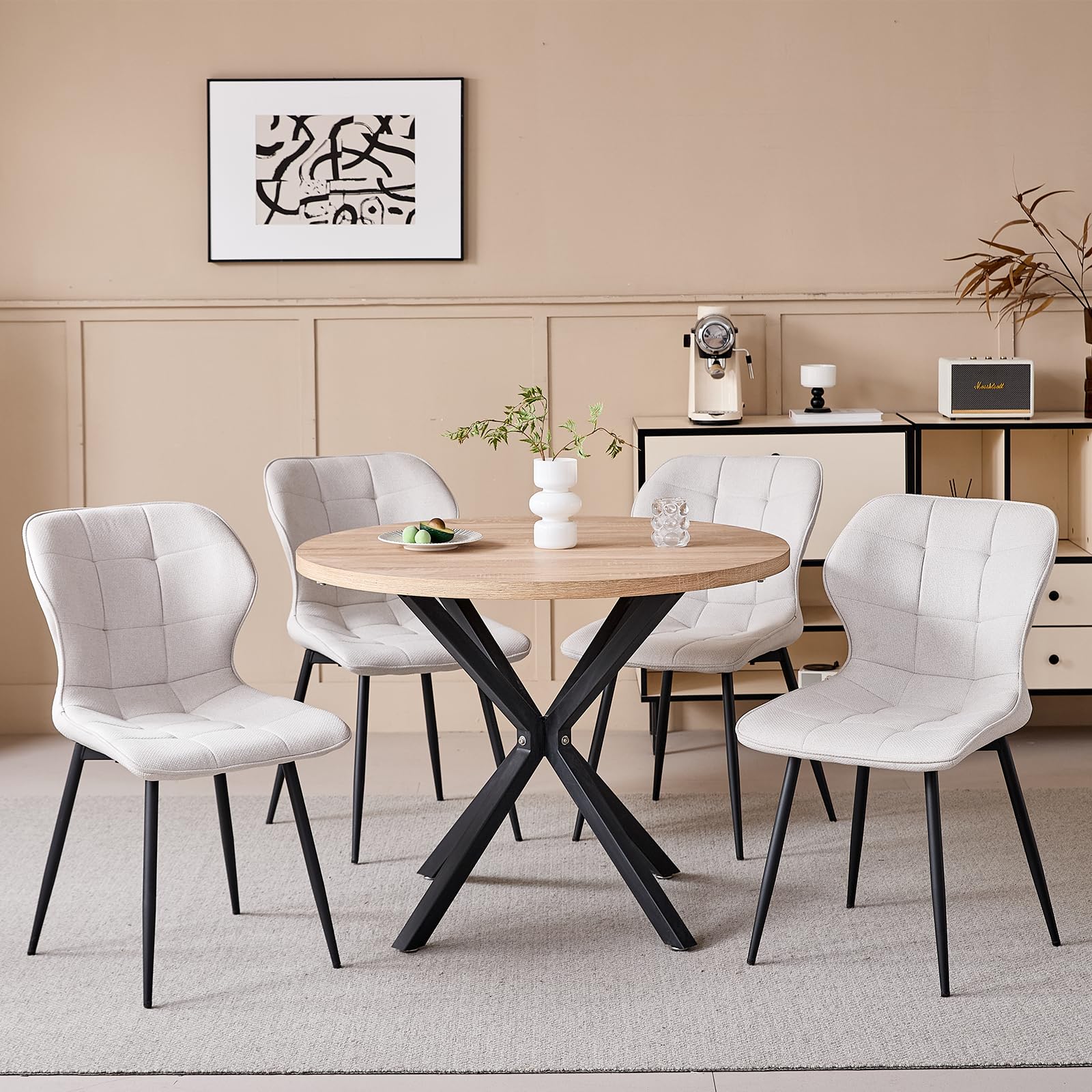 Modernes Esstisch-Set mit Stühlen, 100 cm Runder Esstisch in Heller Holzmaserung + 4 Beigefarbene Leinenstühle mit Metallbeinen