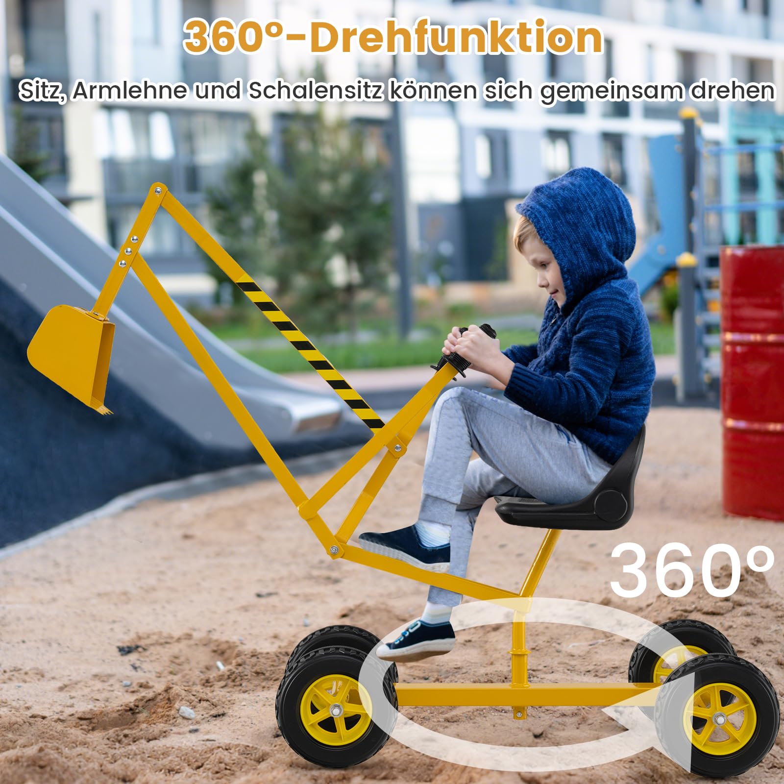 COSTWAY Sitzbagger 360° drehbar, Bagger zum Draufsitzen Metall mit Schaufel & Rädern, Bagger Sandkasten, Aufsitzbagger Sandbagger für Kinder ab 3 Jahren (Gelb)