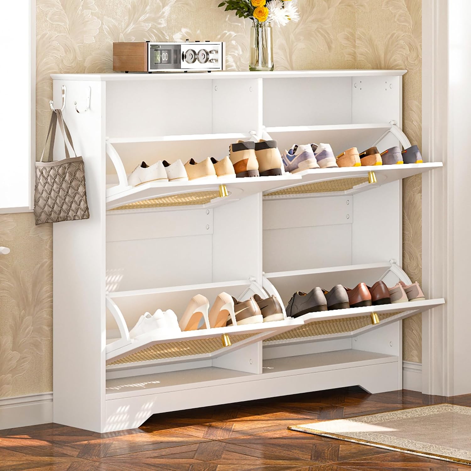 Shoe Cabinet with 4 Rattan Flip Drawers, Mid-Century Narrow Design Tipping Bucket Shoe Rack with 2 Silvery Hooks, Elegant Entryway Shoe Organizer with 4 Rattan Doors for Hallway (White//21)