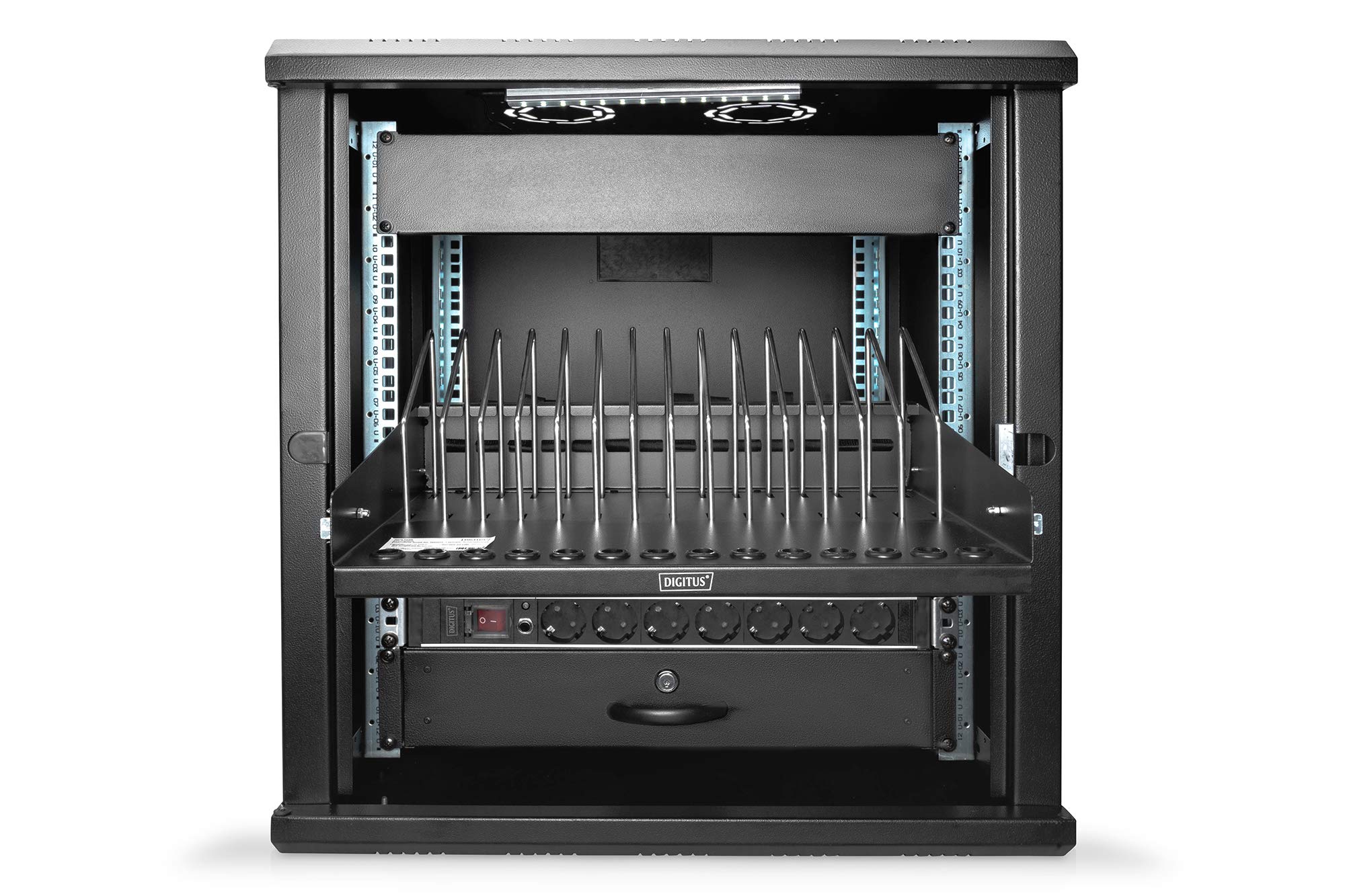 DIGITUS Scaffale da 19 pollici - 4,5 U - Estensibile - Stazione di ricarica - Per 14 tablet, notebook e smartphone - Per armadi di rete e server da 19 pollici - Nero