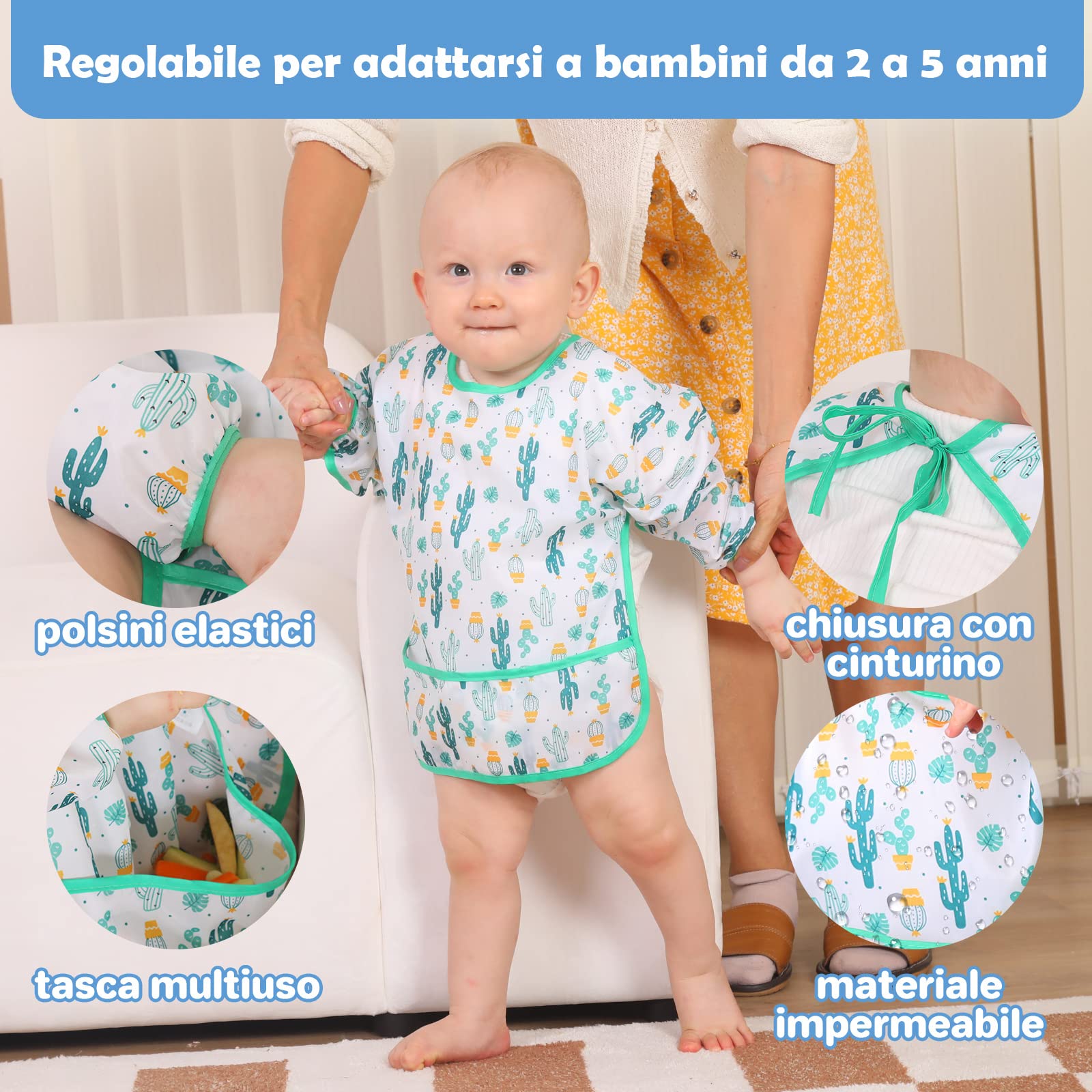 Lictin 5 pezzi Bavaglino a Manica Lunga - Bavaglino Impermeabile Unisex per Bambini Piccoli Da 2 anni a 5 anni bambino,Orso, cactus, renne, fenicotteri, dinosauri Design(L)