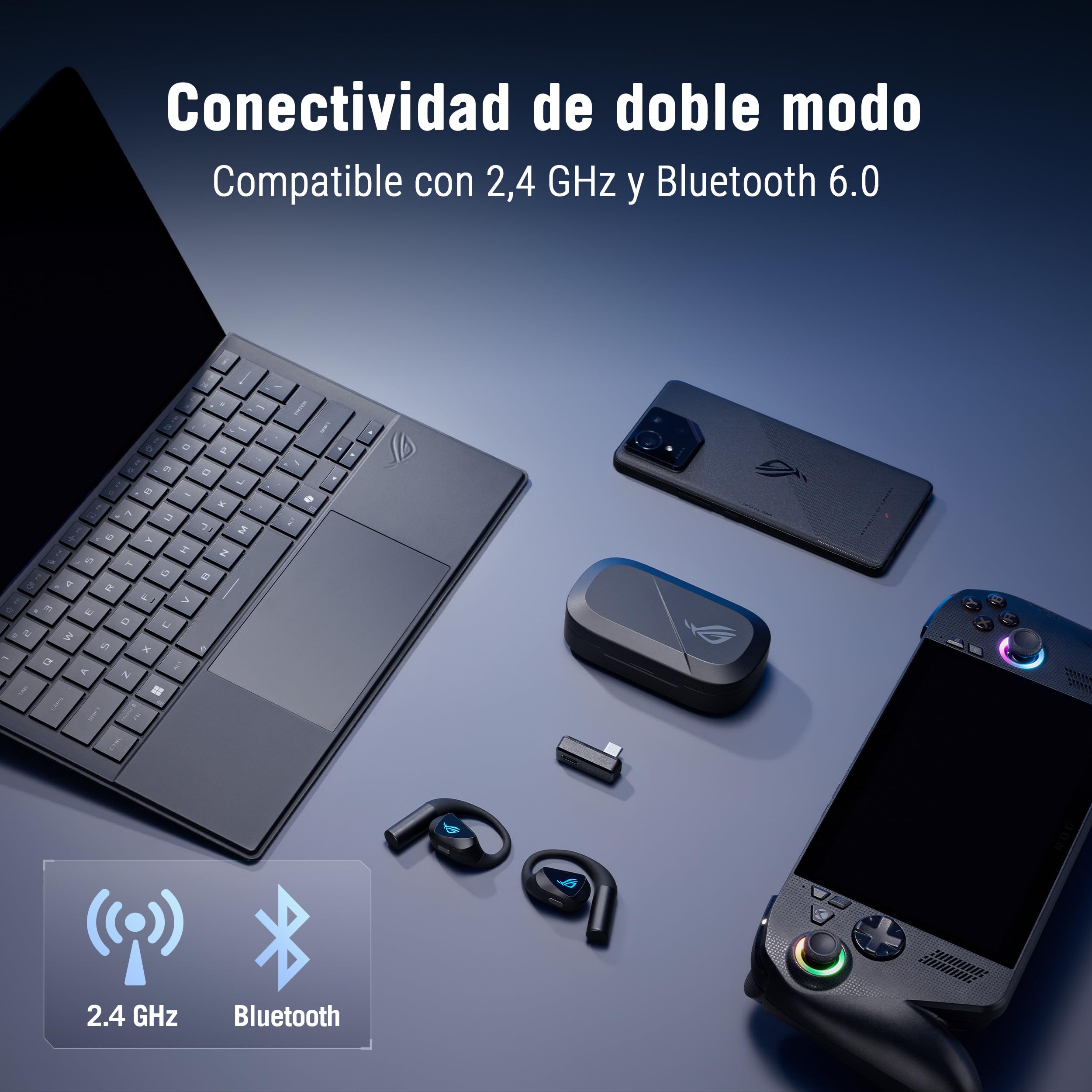 ASUS ROG Cetra Open Wireless - Auriculares Gaming (2,4 GHz y BT, ROG SpeedNova, Controladores de diafragma Recubiertos de DLC de 14,2 mm, cancelación de Ruido IA, 16 h de reproducción, IPX5) - Negro