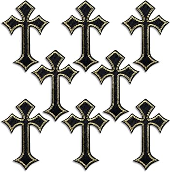 Cross Patches Iron On Cross Embroidery Applique Patch, DIY Decor Patches for Clothing Jeans Jackets Backpacks Hats Shirts 8 Pieces Black Gold