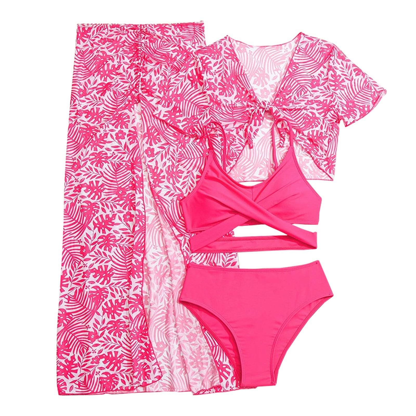 Bikini Girls - Conjunto de baño de 4 piezas para niñas, bikini con funda, protector de rashguard y falda, traje de playa de verano para niños de 7 a 12 años, trajes de baño casuales