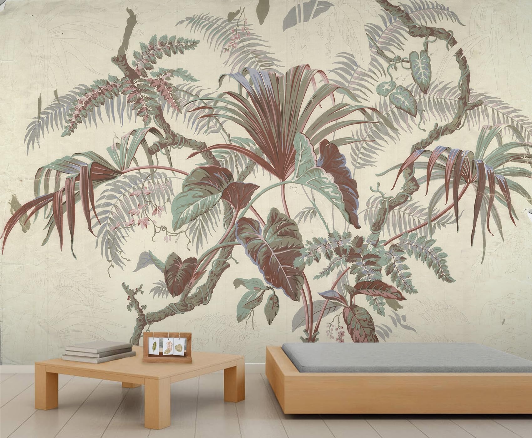 Fresques plantes tropicales pour un salon et une cuisine style naturel