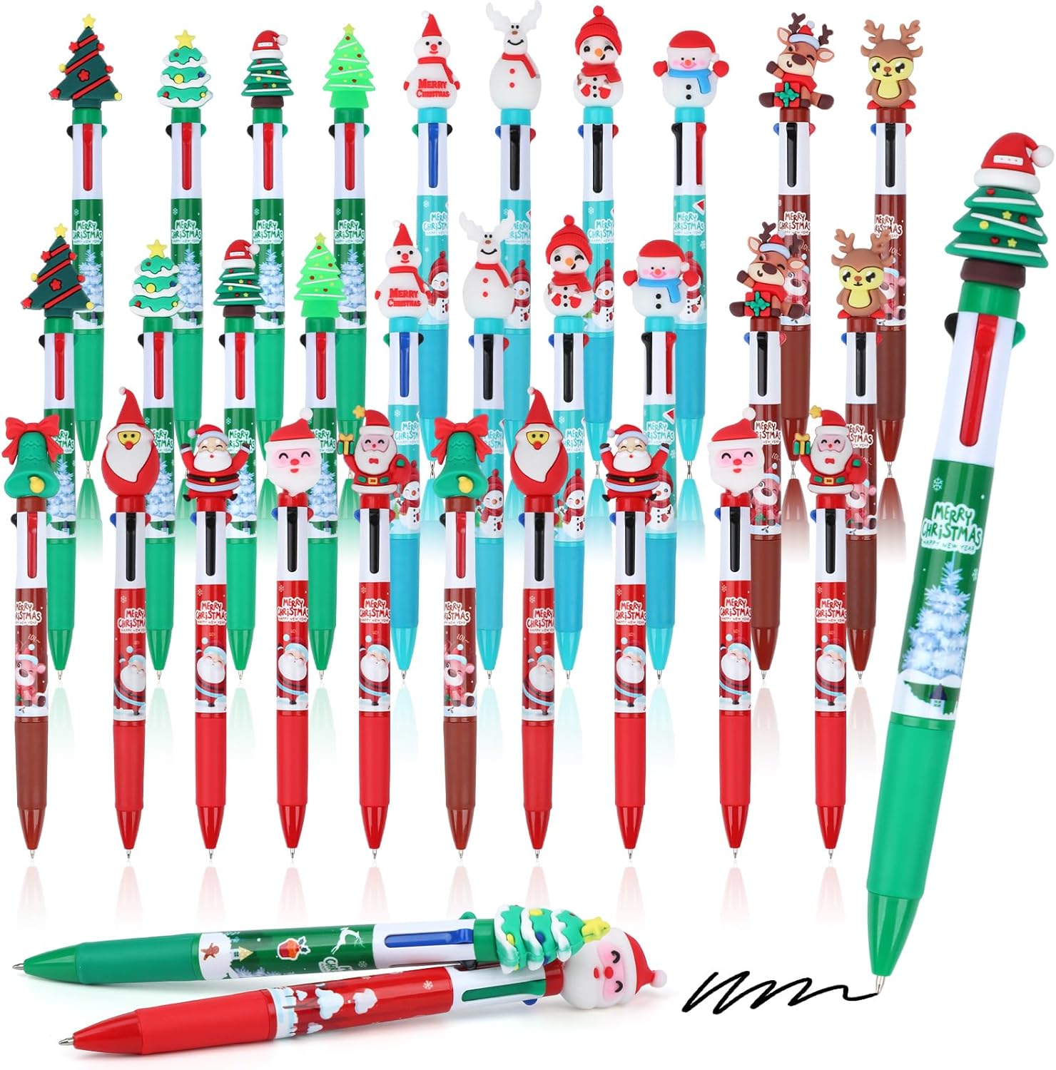 SAYAYA 120 Pieces Christmas Multicolor Pens – All In One 4-in-1 Ballpoint Pen 0.5mm Retractable Writing Pens with Santa Snowman Reindeer Designs for Holiday Office Coworker Supplies Gifts