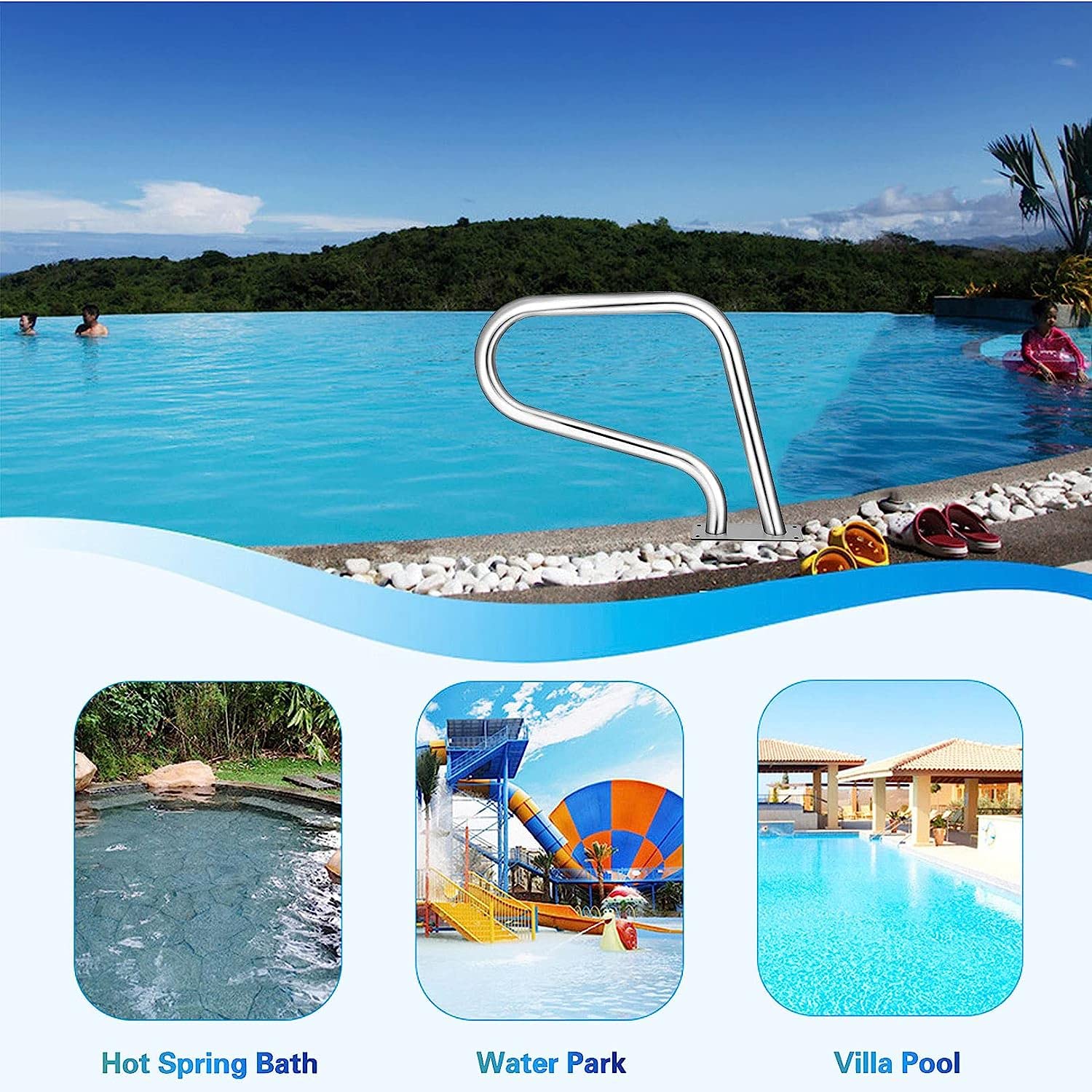Barandilla para Piscina,Riel de Mano de fácil Montaje, riel de Escalera de Piscina de Acero Inoxidable 304 con Placa Base, 32" x 22.5"