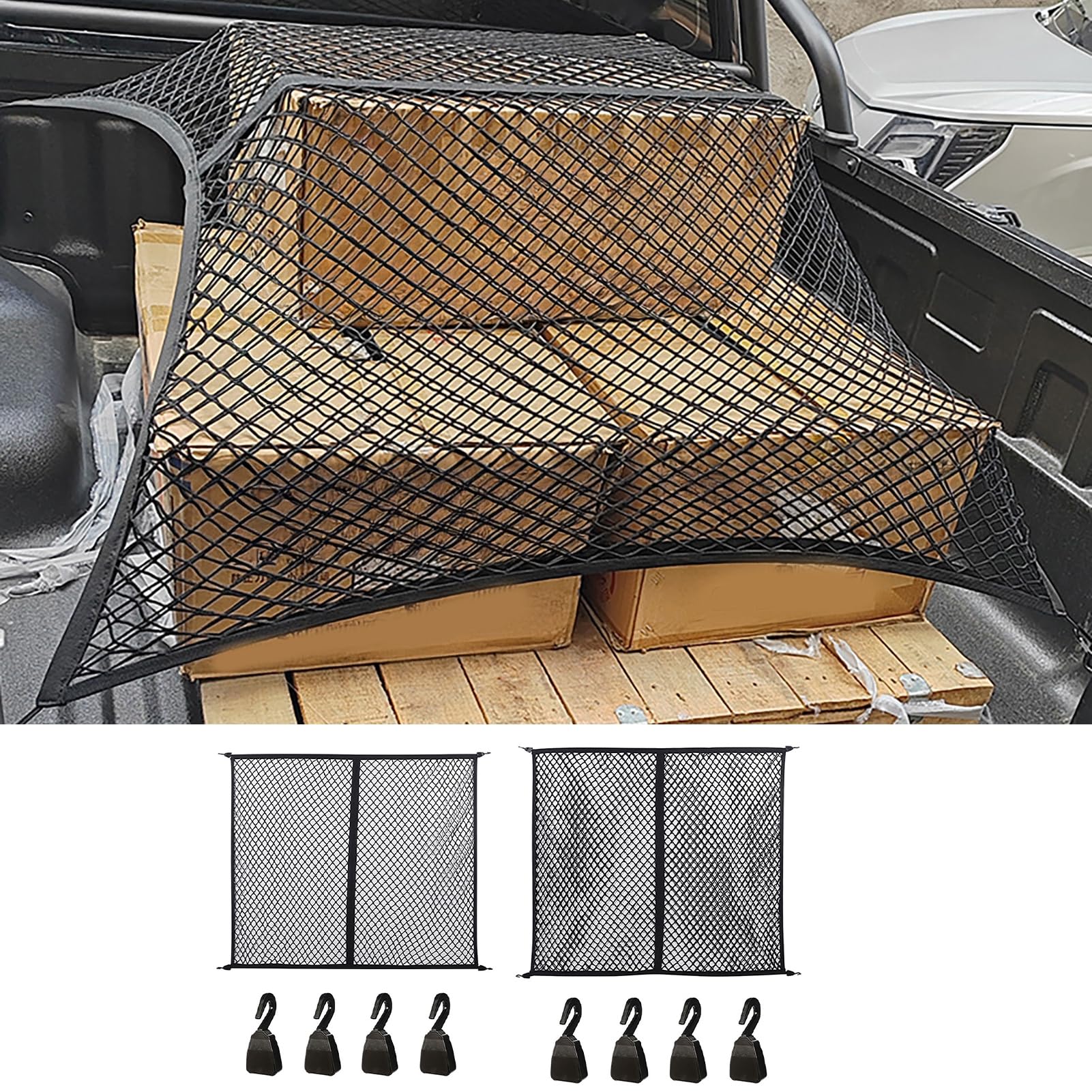 Ladeflächennetz für Pickups, elastisches Gepäcknetz mit 4 Haken