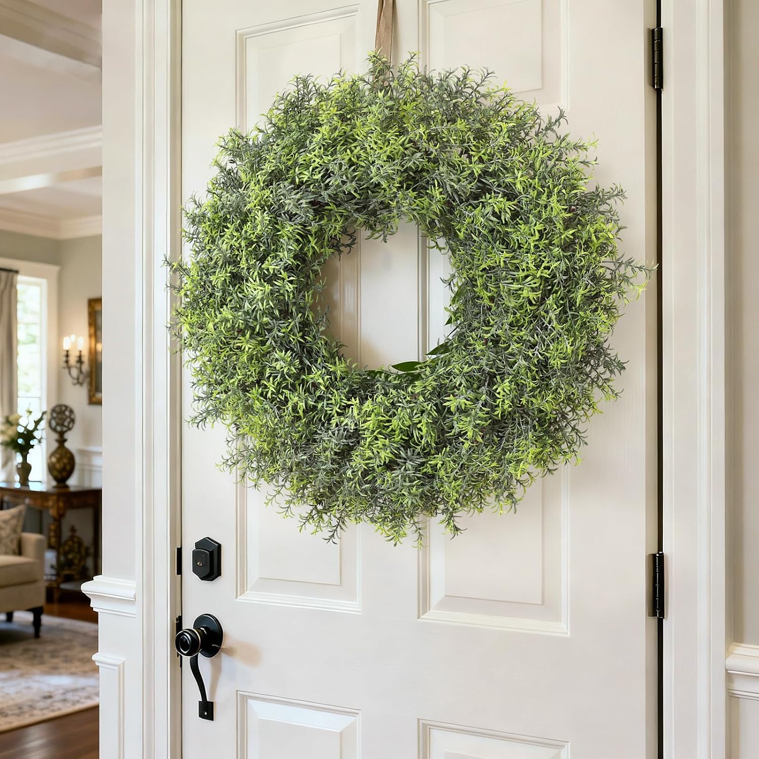 26" Large Artificial Rosemary Wreath for Front Door - UV Resistant Realistic Rosemary Plant, Fake Spring/Summer Greenery Wreath for Wall Window Farmhouse Fireplace Decor
