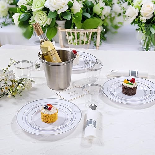 Miniatura 5 de DaYammi 350PCS Silver Plastic Dinnerware Set for 50 Guests, Fancy Disposable Plates for Party, Include: 50 Dinner Plates, 50 Dessert Plates, 50 Pre