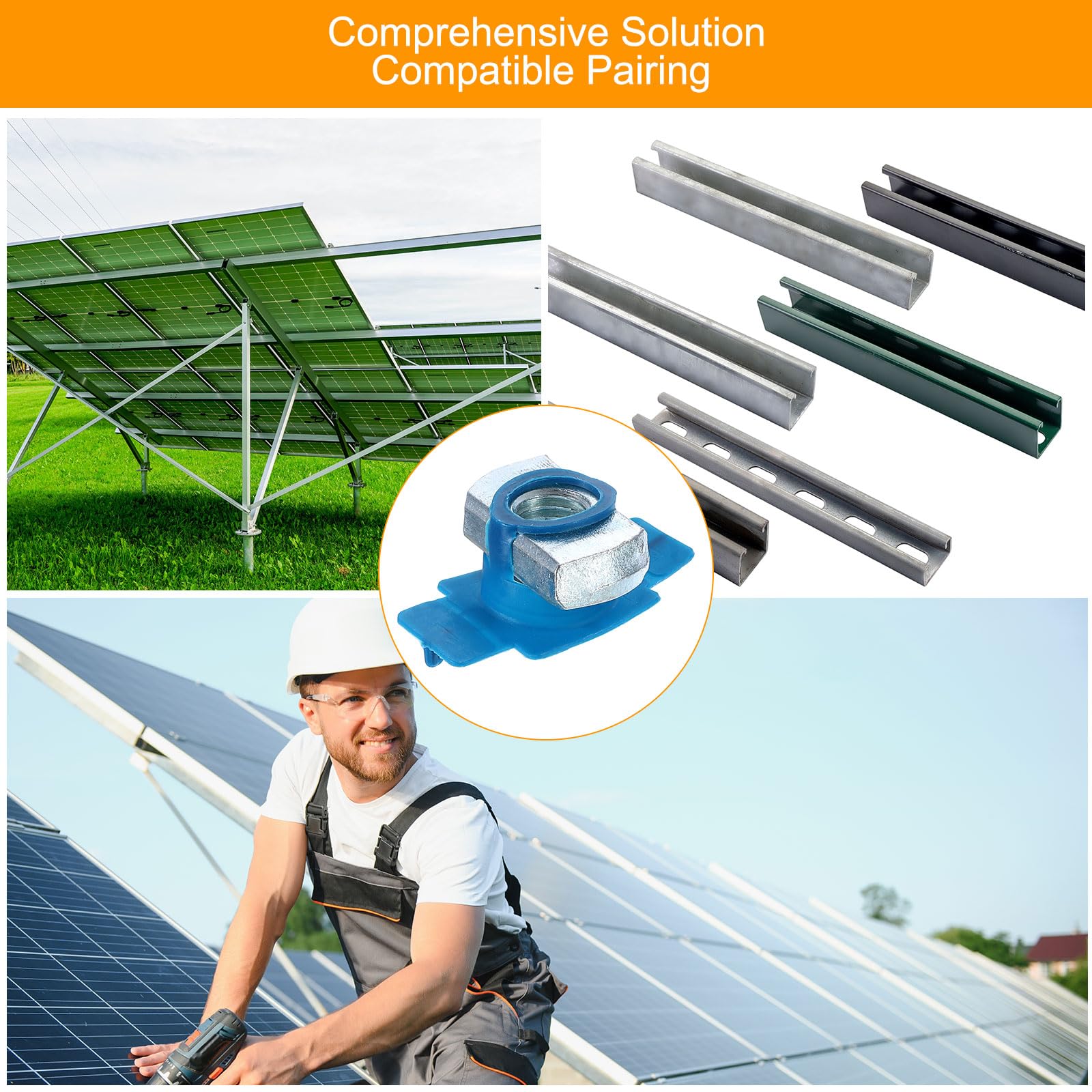 QUARKZMAN Tuerca De Compresión De Nylon Para Canal, 60 Piezas 1/2"-13 Acero Al Carbono Zincado Tuercas De Resorte Largas Para Montajes En Canal Para Paneles Solares