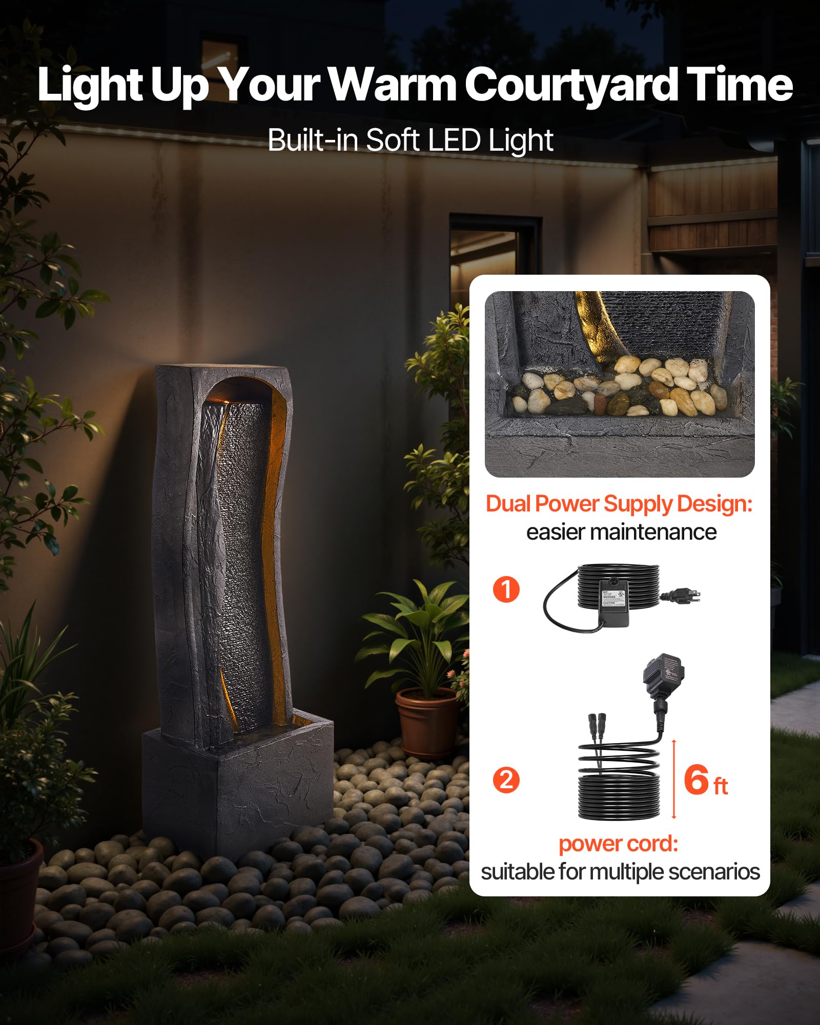 VEVOR Fontana da Esterno, Fontana e Cascata da 340 x 220 x 980 mm, Fontane a 1 Livello con Base in Pietra da Pavimento con Luce LED e Pompa, per Esterni, Interni, Giardino, Casa, Patio e Cortile