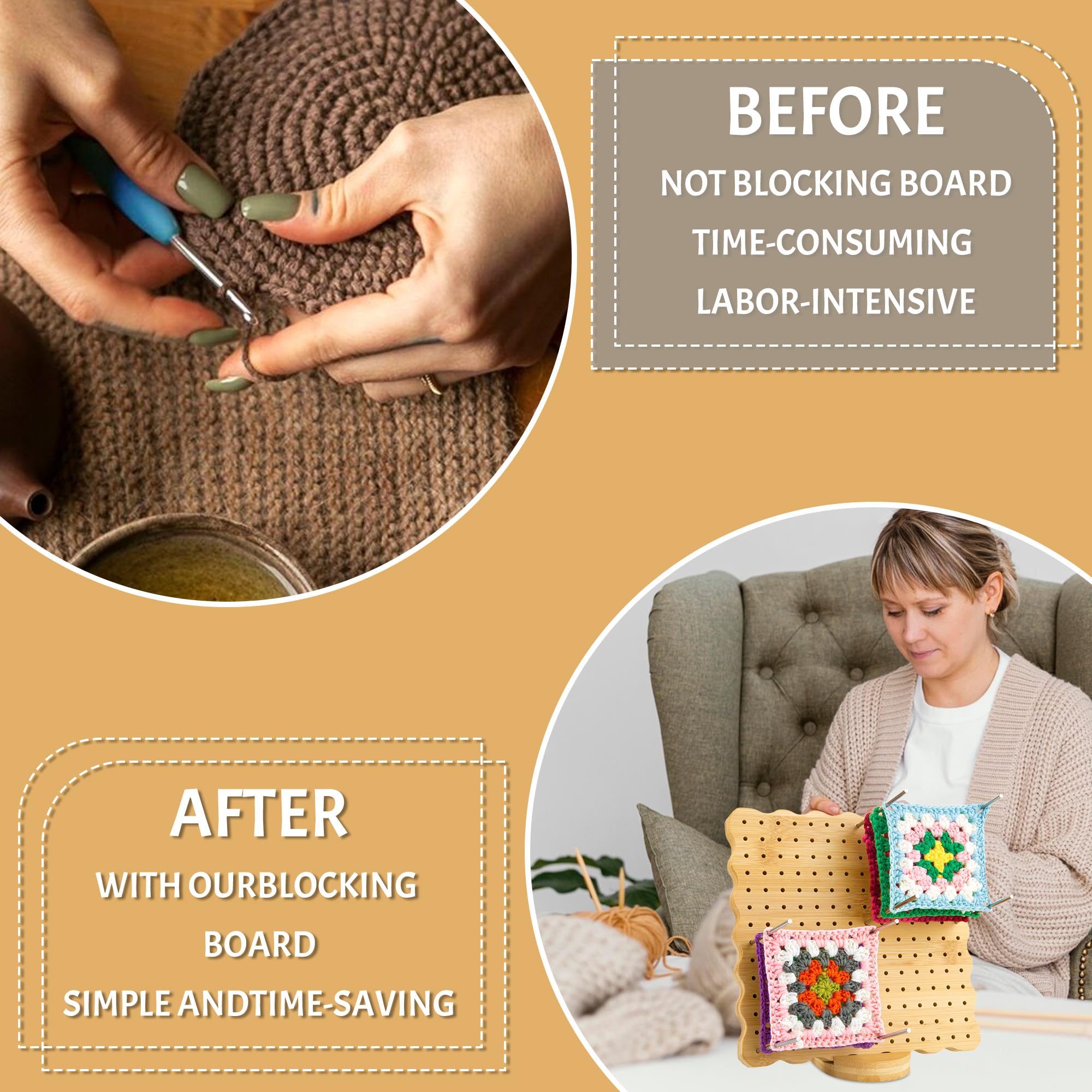 ALYEWYIFUN 7.7 Inch Bamboo Crochet Blocking Board With 15 Stainless Steel Pins - Floral Design Knitting Mat