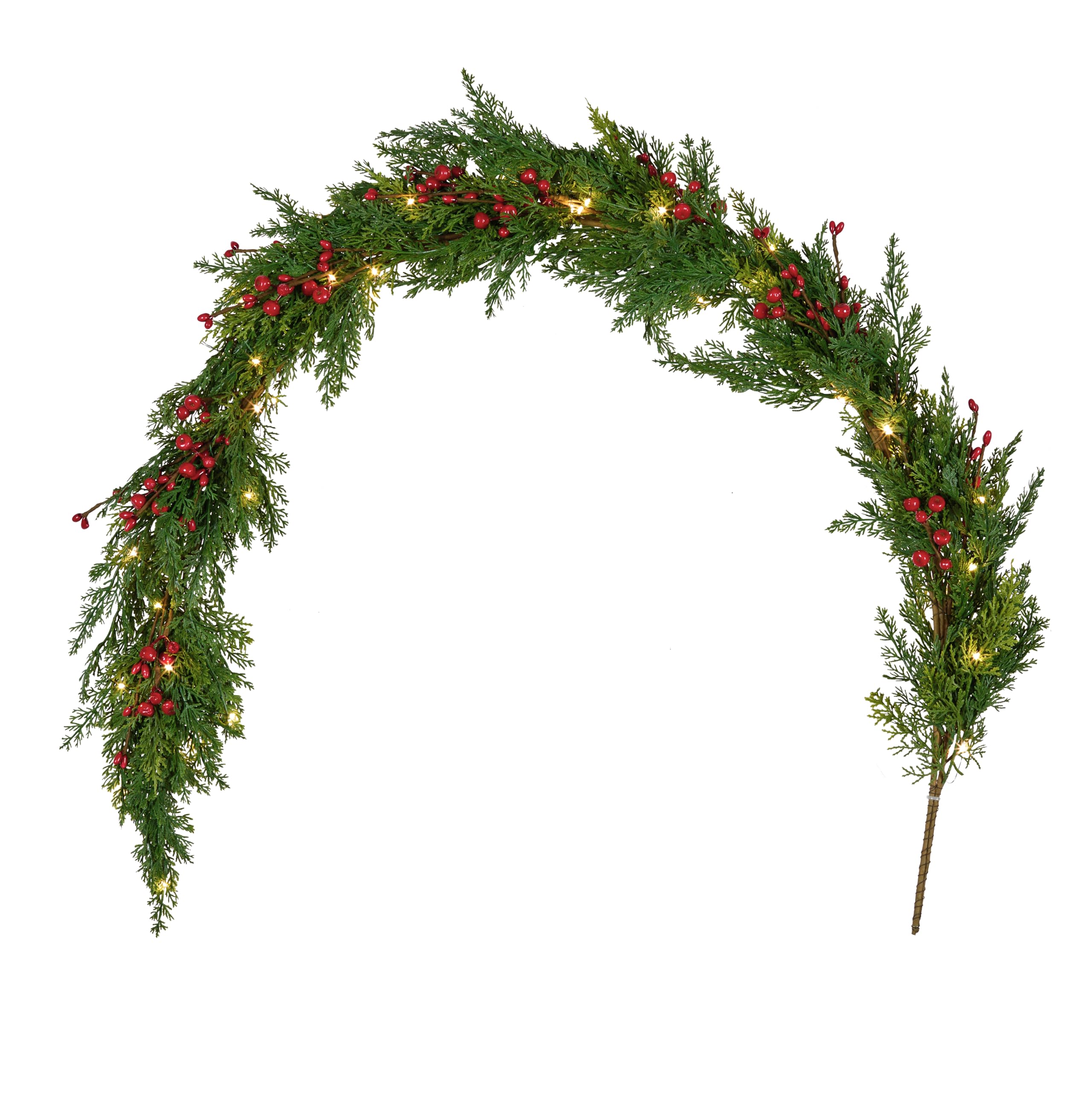 Lights4fun - Ghirlanda Natalizia Illuminata, con Luci LED Bianco Caldo, Foglie, Rami Arificiali, Bacche Rosse, Addobbi di Natale Casa, Interni, a Batteria con Timer, 1,5m