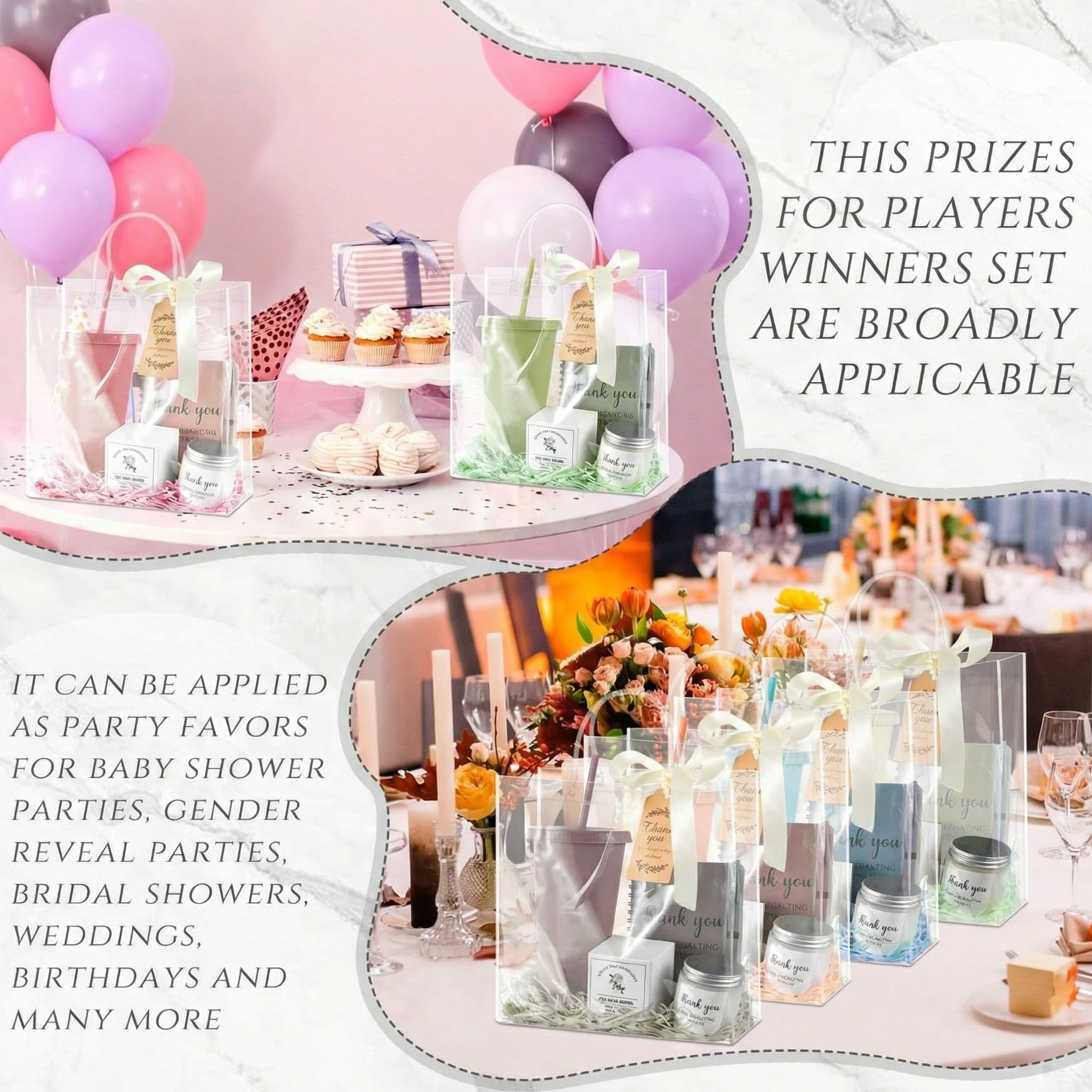 Nuogo 6 juegos de premios de baby shower para jugadores ganadores adultos, incluye vaso de plástico, cuaderno, velas perfumadas, bolsa de regalo, regalo para el jugador de baby shower (estilo elegante