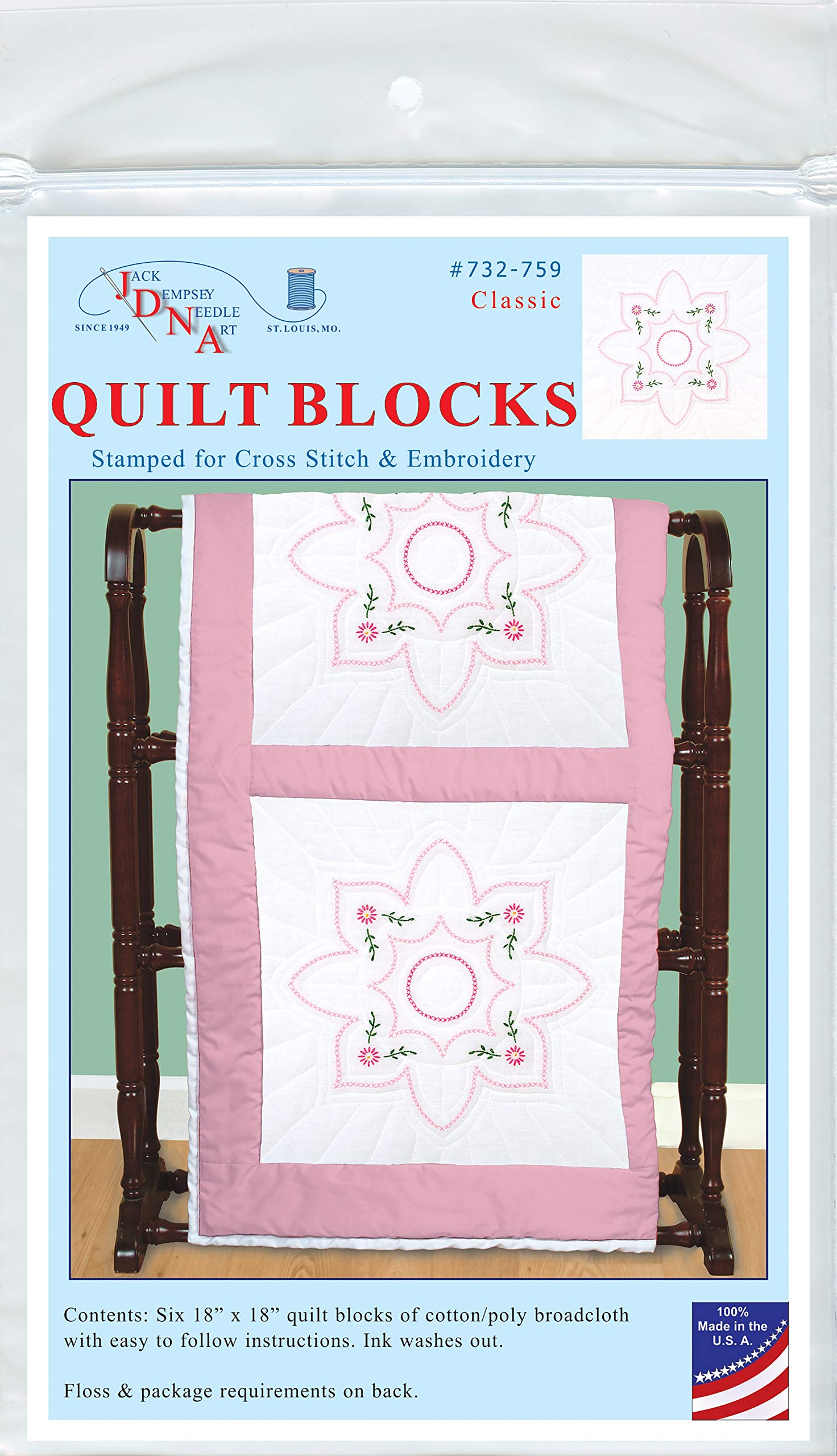 Jack Dempsey Needle Art Quilt Blocks 18X18 W Classic, White, One Size