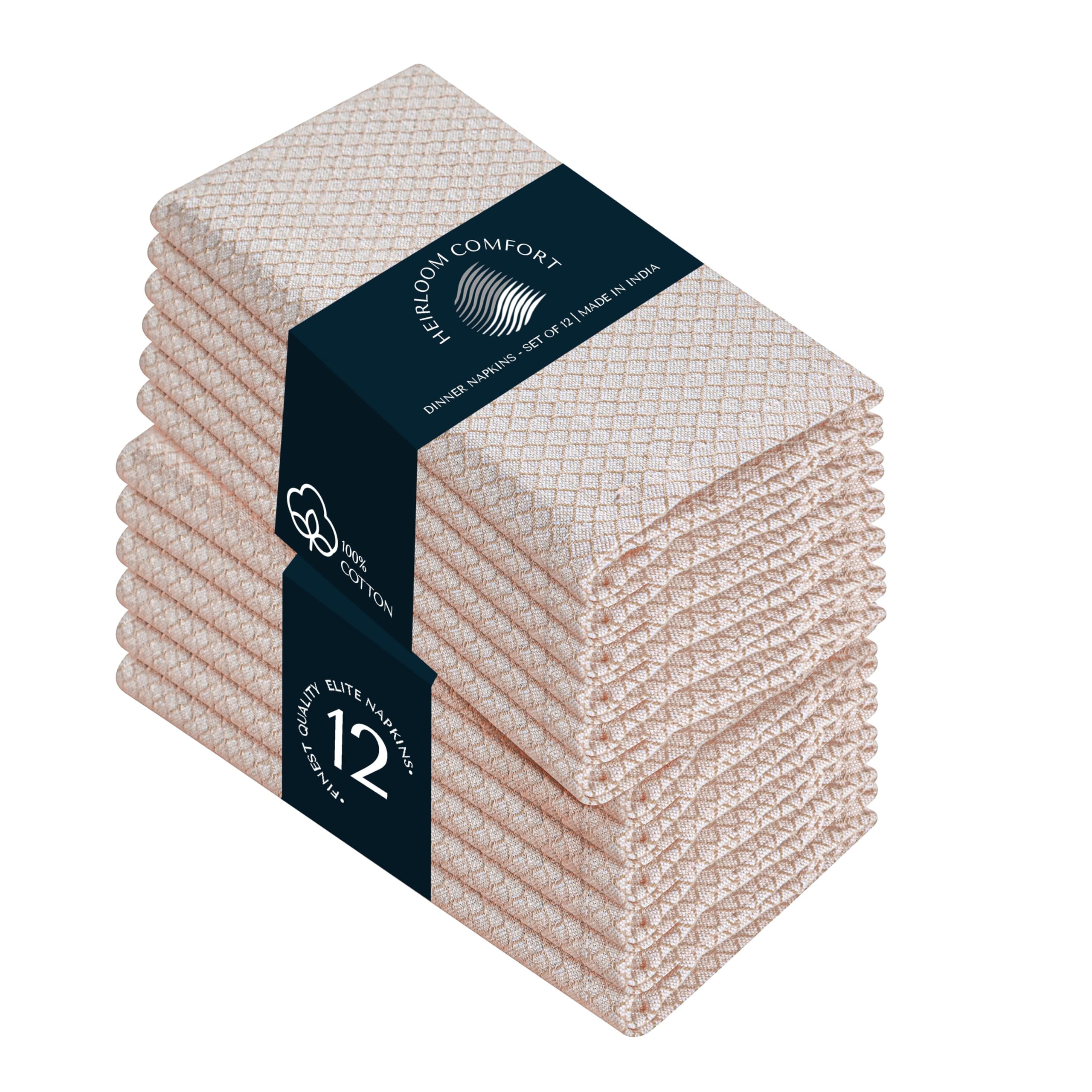 HEIRLOOM COMFORT Beige Honeycomb Weave Cloth Napkins Set of 12, 40x40 cm, Cotton, Durable & Absorbent, Reusable and Washable Napkins for Rustic Dining, Weddings, Holidays, Everyday Use