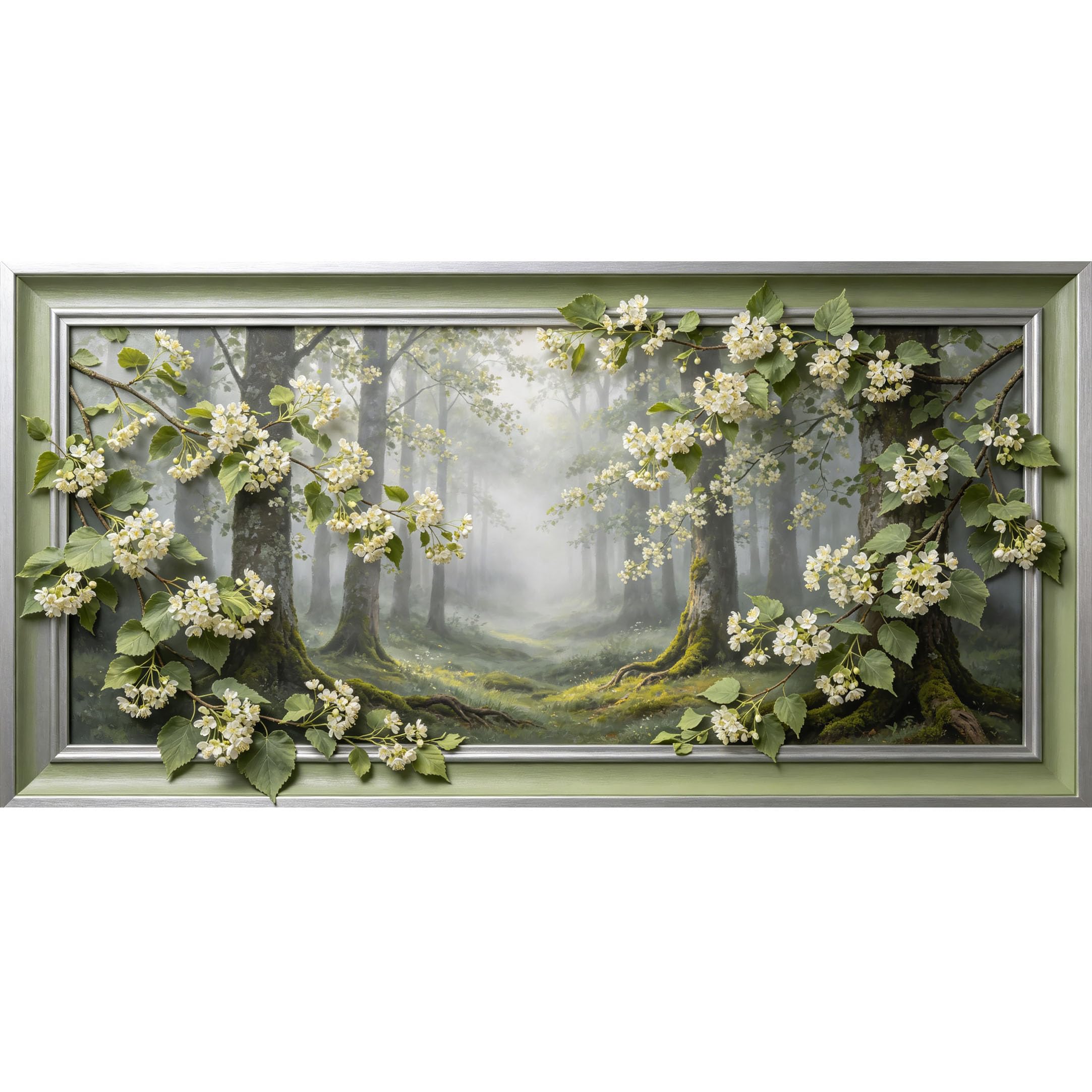 Agglomerix 3D Framed Wall Art Forest Botanical White Blossom Tree Mist Nature Landscape Oil Painting Large Size SelfAdhesive Removable Wall Decor Prints Artwork for Living Room Bedroom Office
